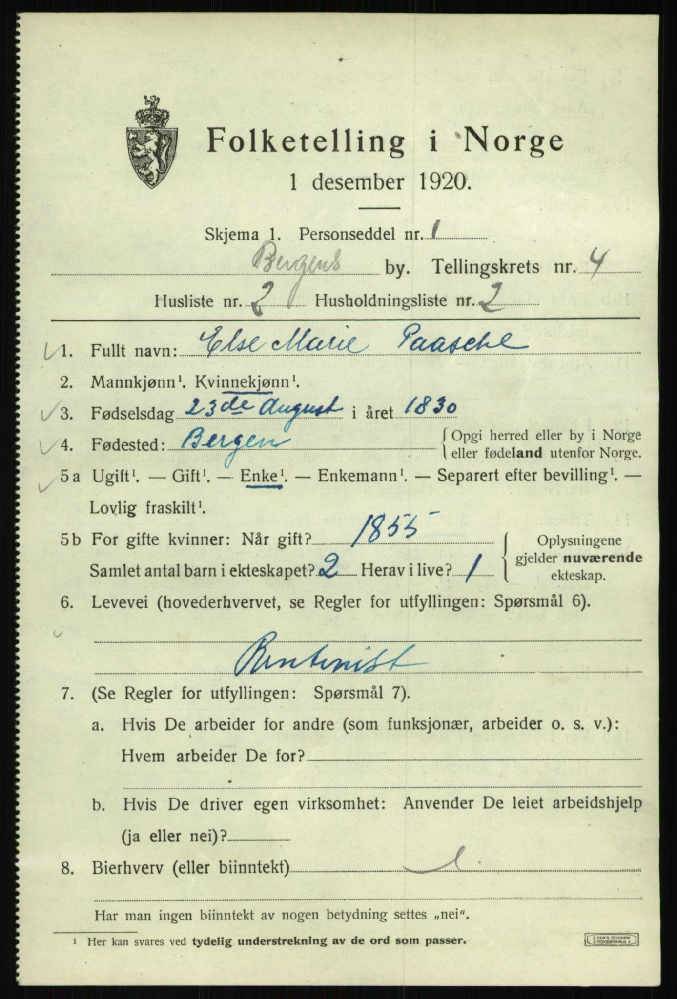 SAB, 1920 census for Bergen, 1920, p. 63441