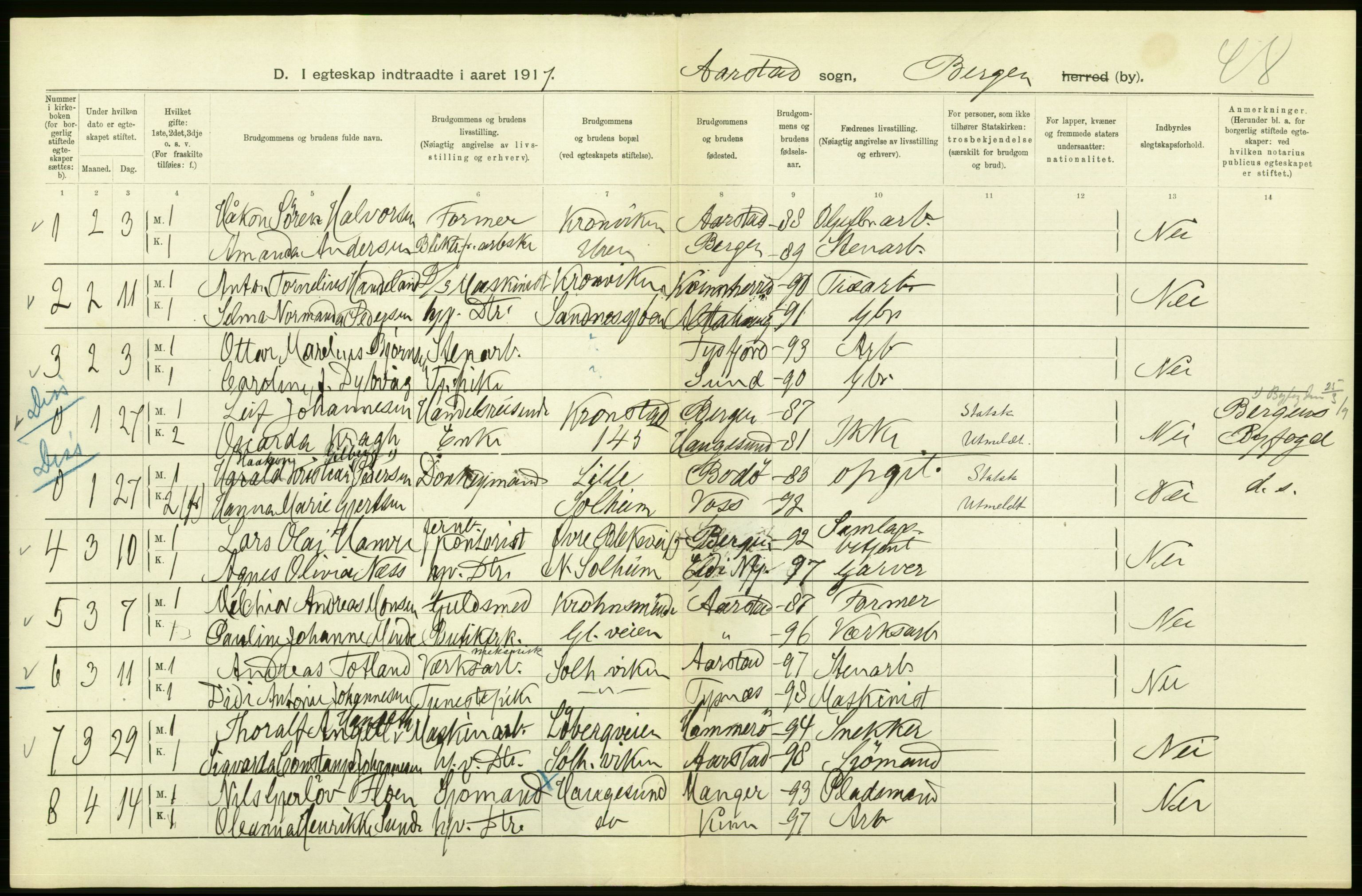 Statistisk sentralbyrå, Sosiodemografiske emner, Befolkning, AV/RA-S-2228/D/Df/Dfb/Dfbg/L0038: Bergen: Gifte, døde, dødfødte., 1917, p. 276