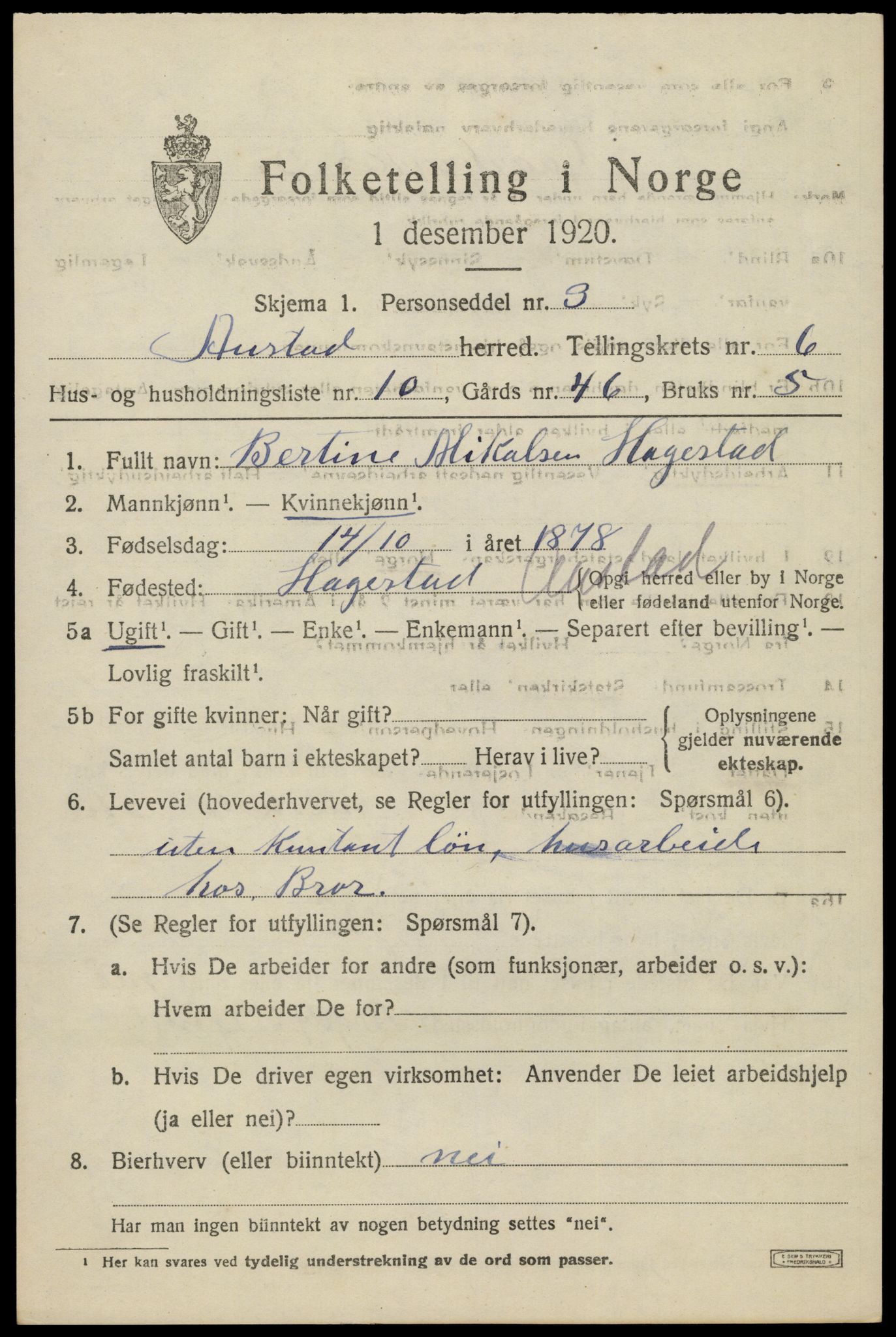 SAK, 1920 census for Austad, 1920, p. 1951