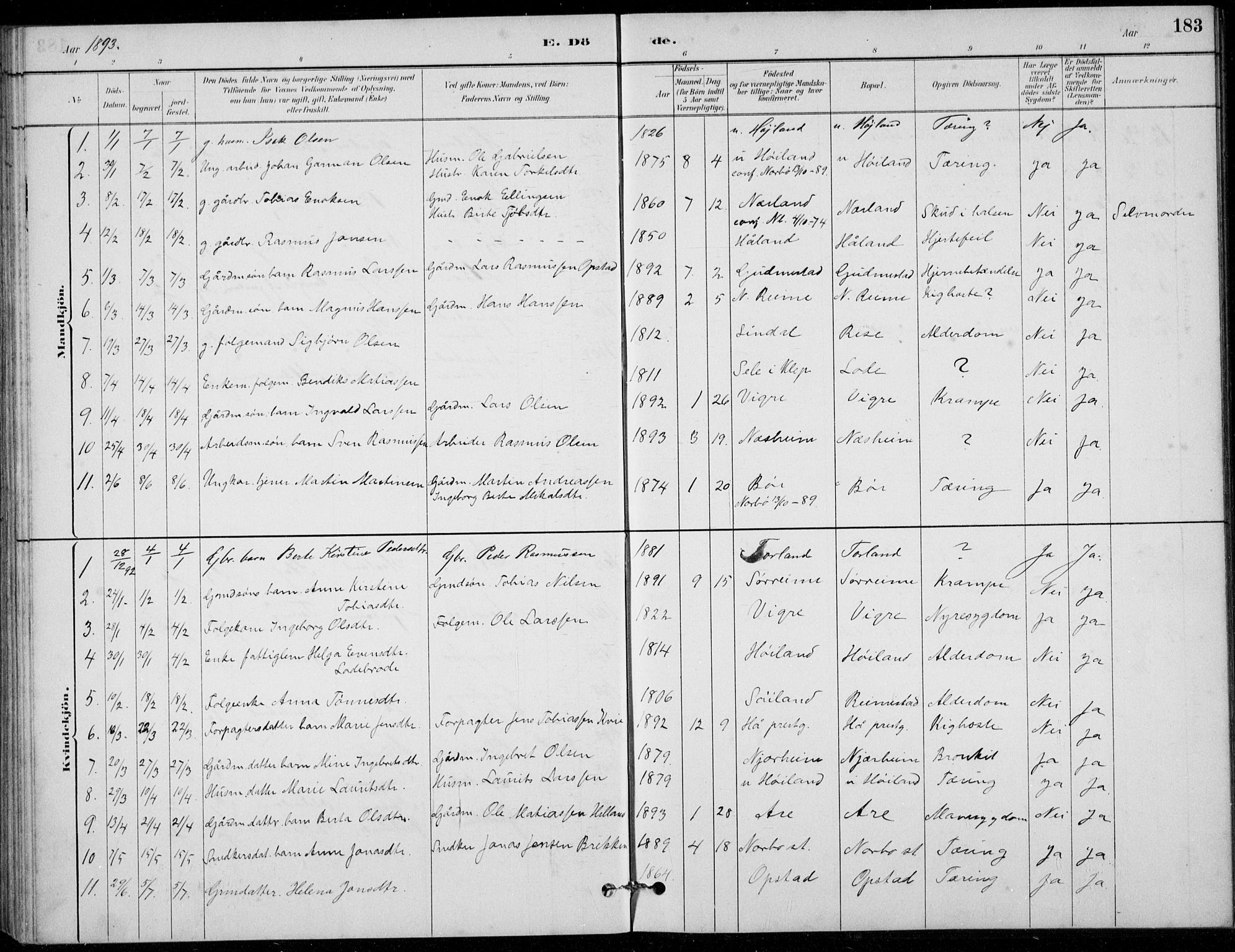 Hå sokneprestkontor, AV/SAST-A-101801/001/30BB/L0003: Parish register (copy) no. B 3, 1883-1894, p. 183