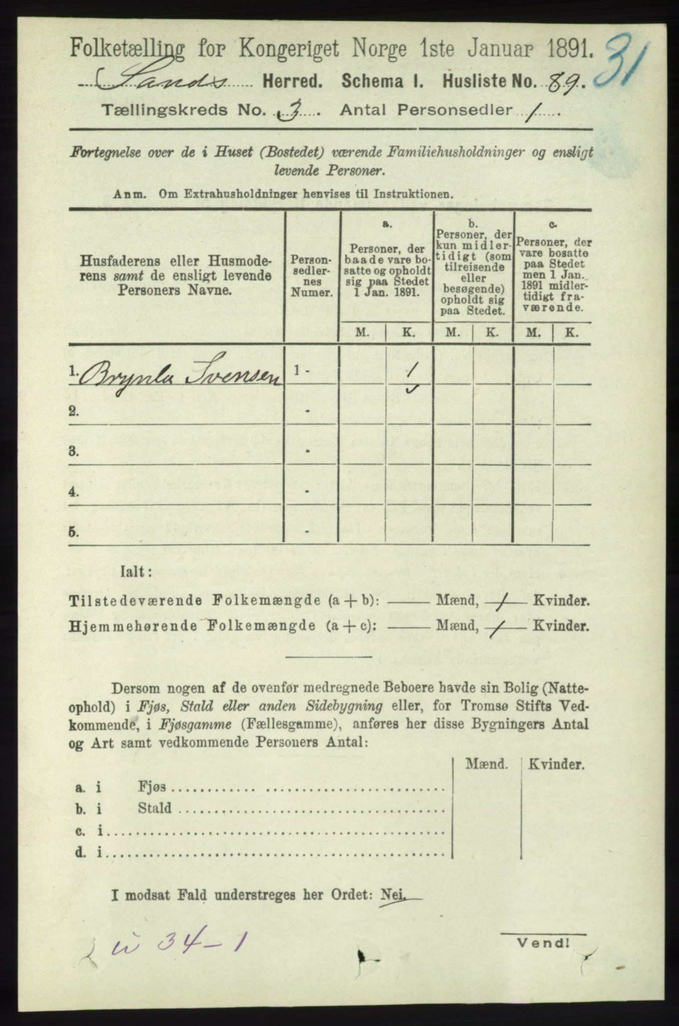 RA, 1891 census for 1136 Sand, 1891, p. 666