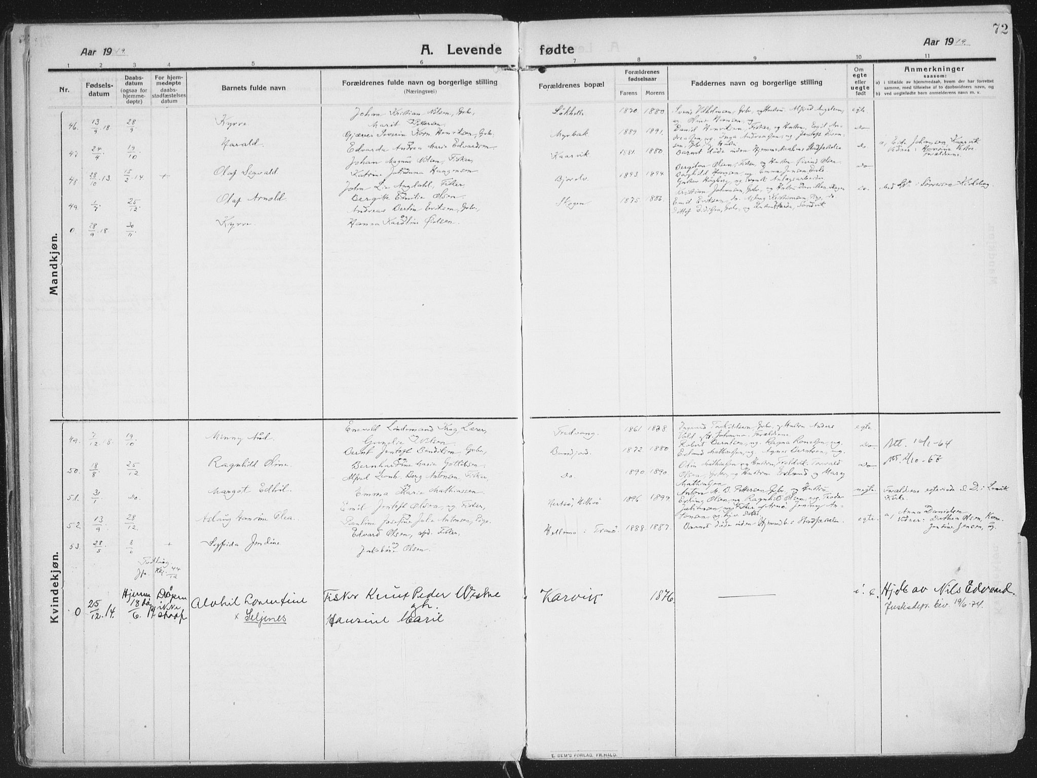Lenvik sokneprestembete, SATØ/S-1310/H/Ha/Haa/L0016kirke: Parish register (official) no. 16, 1910-1924, p. 72