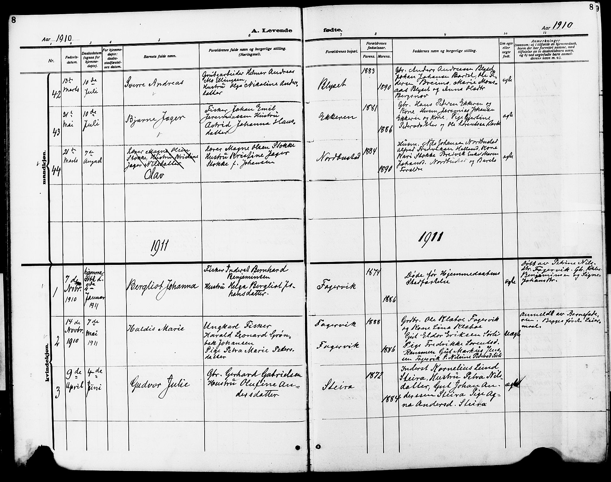 Ministerialprotokoller, klokkerbøker og fødselsregistre - Nordland, AV/SAT-A-1459/838/L0560: Parish register (copy) no. 838C07, 1910-1928, p. 8