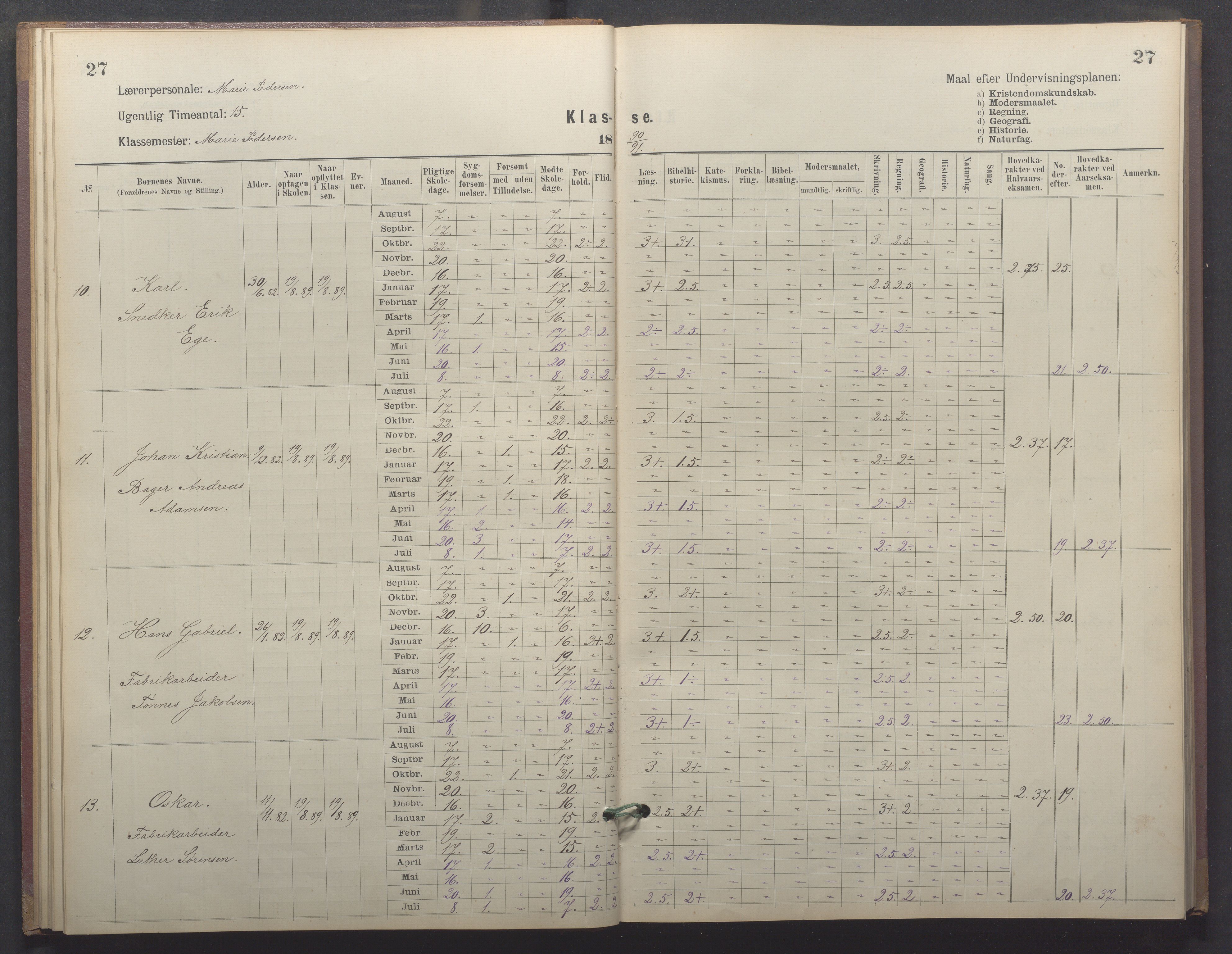 Egersund kommune (Ladested) - Egersund almueskole/folkeskole, IKAR/K-100521/H/L0026: Skoleprotokoll - Almueskolen, 1. klasse, 1889-1893, p. 27