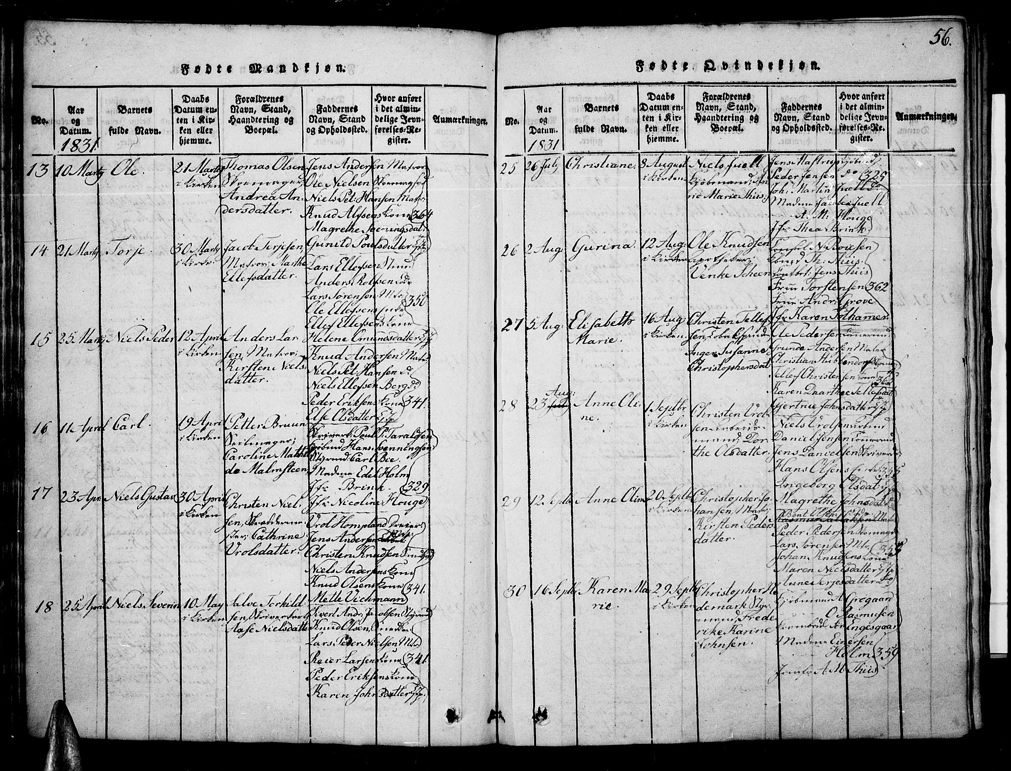 Risør sokneprestkontor, SAK/1111-0035/F/Fb/L0004: Parish register (copy) no. B 4, 1816-1848, p. 56
