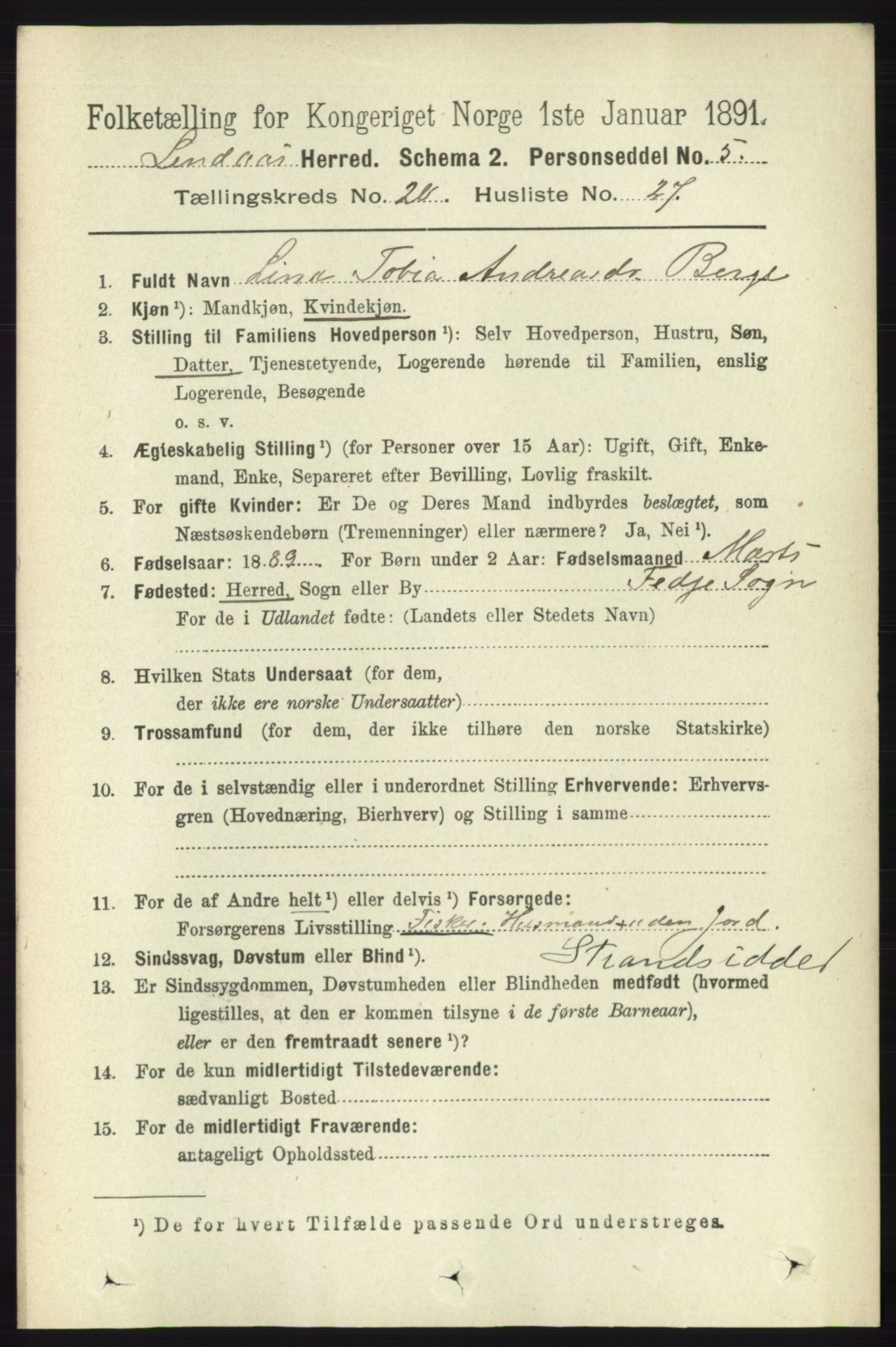 RA, 1891 census for 1263 Lindås, 1891, p. 7520