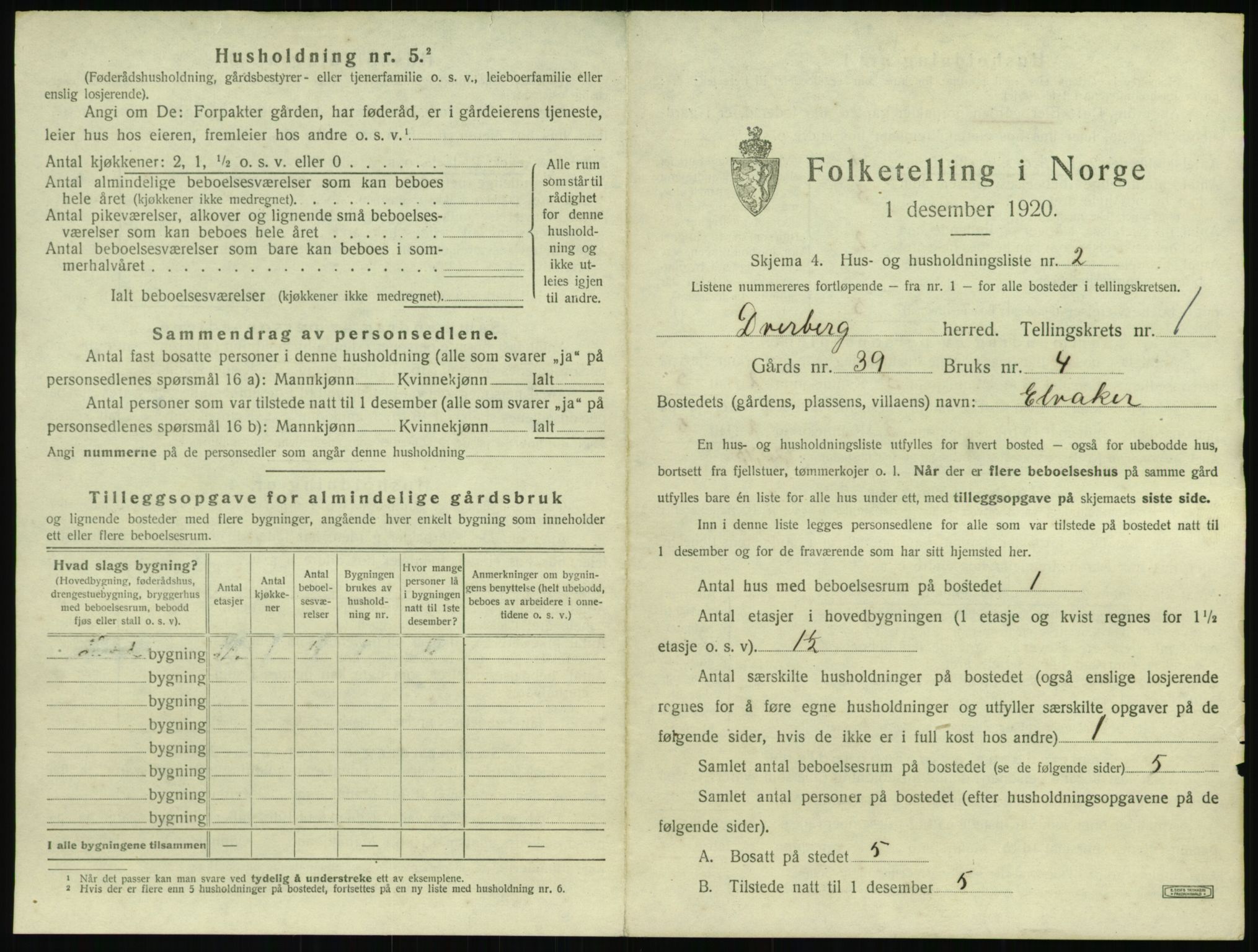 SAT, 1920 census for Dverberg, 1920, p. 66