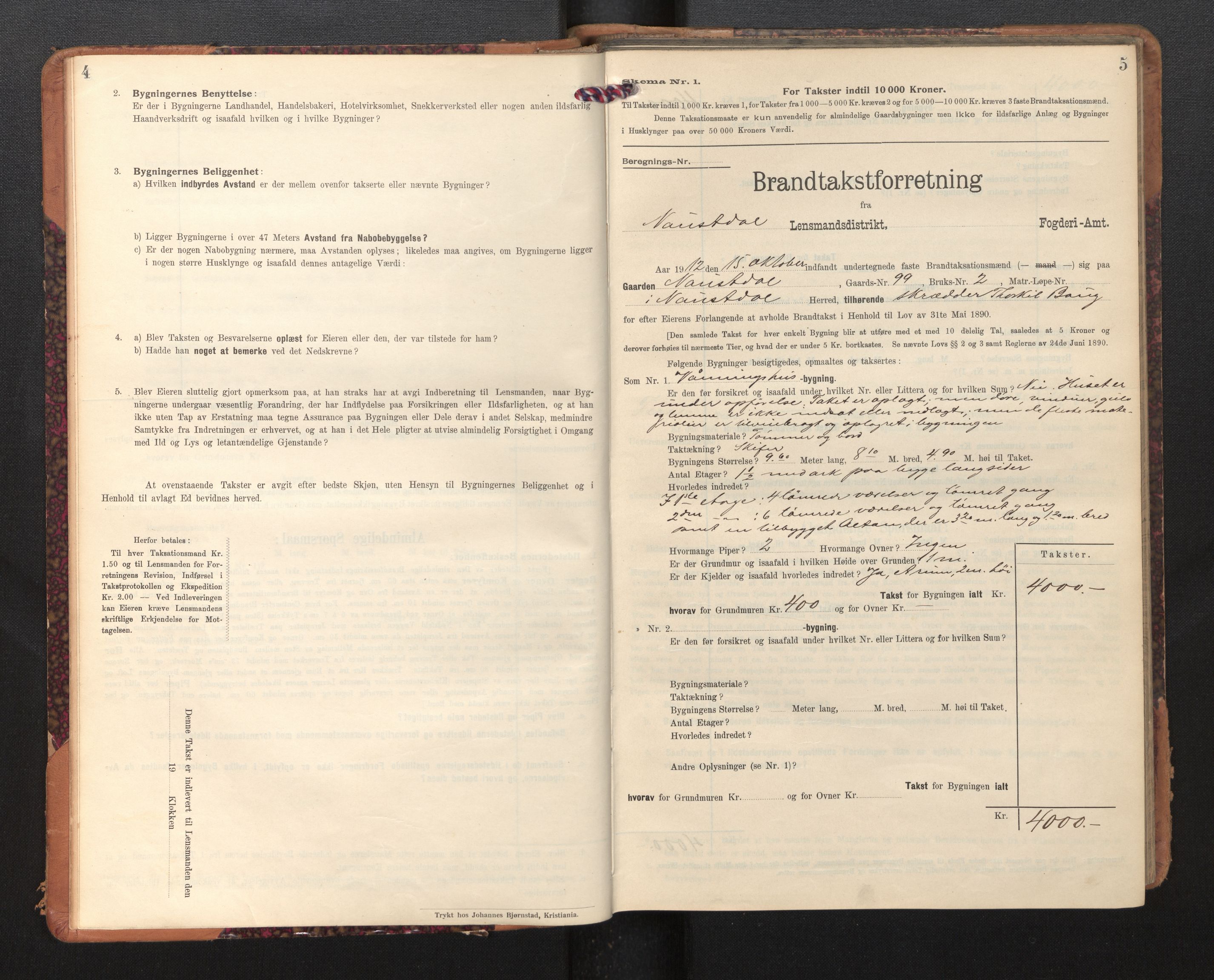 Lensmannen i Naustdal, SAB/A-29501/0012/L0002: Branntakstprotokoll, skjematakst, 1911-1953, p. 4-5
