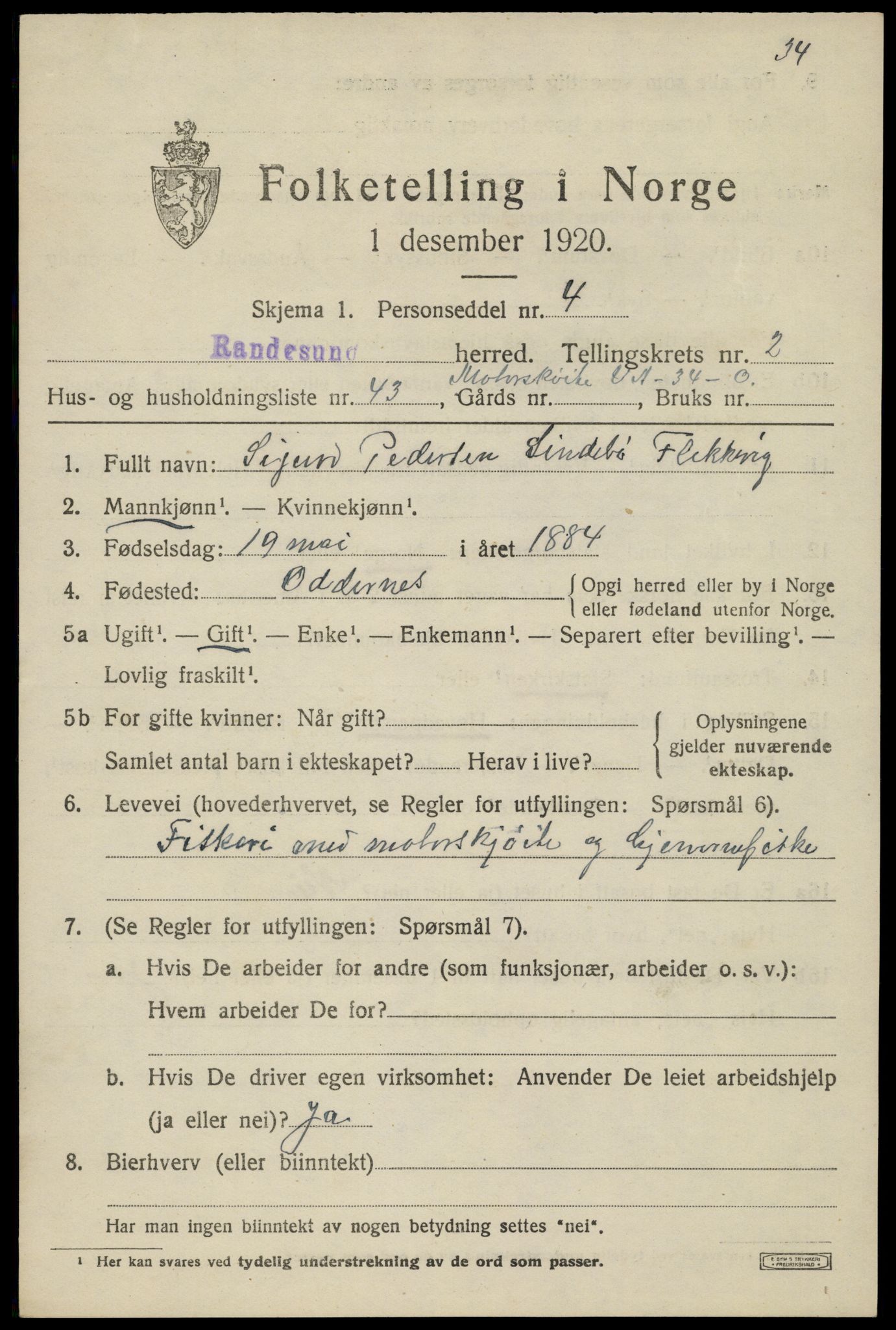 SAK, 1920 census for Randesund, 1920, p. 1450