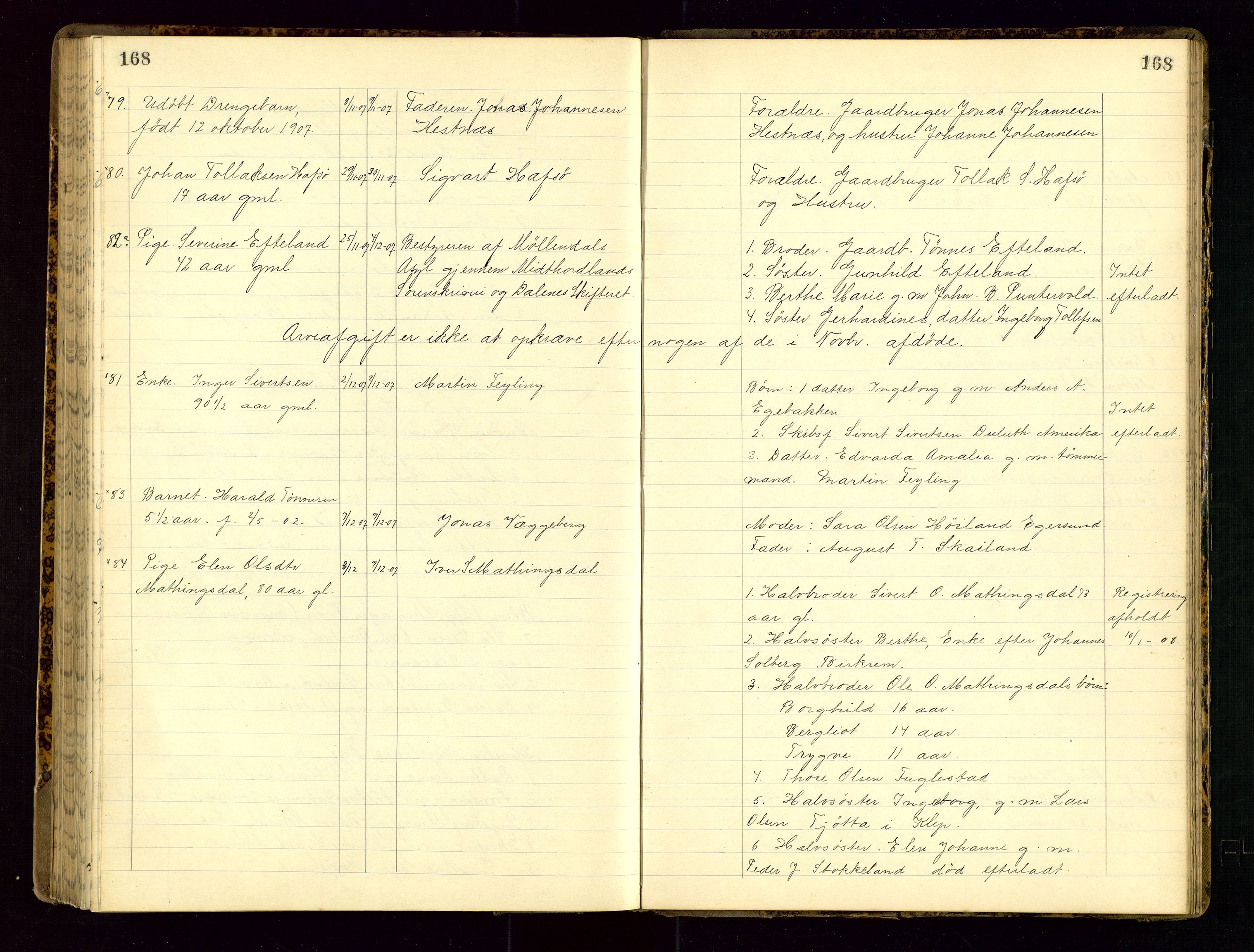 Dalane sorenskriveri, SAST/A-100309/001/5/52/L0001: DØDSFALLPROTOKOLL, 1904-1911, p. 168