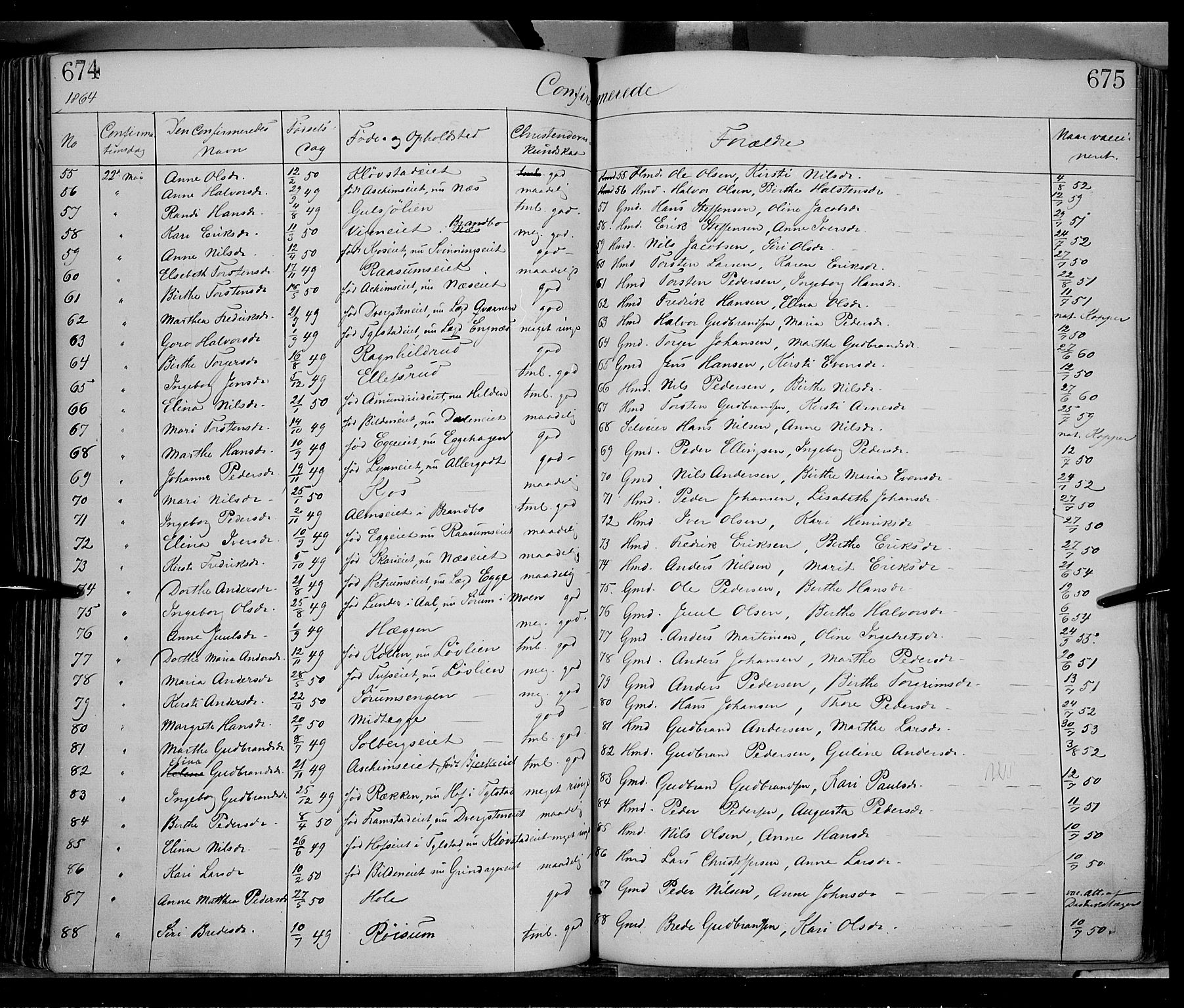Gran prestekontor, SAH/PREST-112/H/Ha/Haa/L0012: Parish register (official) no. 12, 1856-1874, p. 674-675