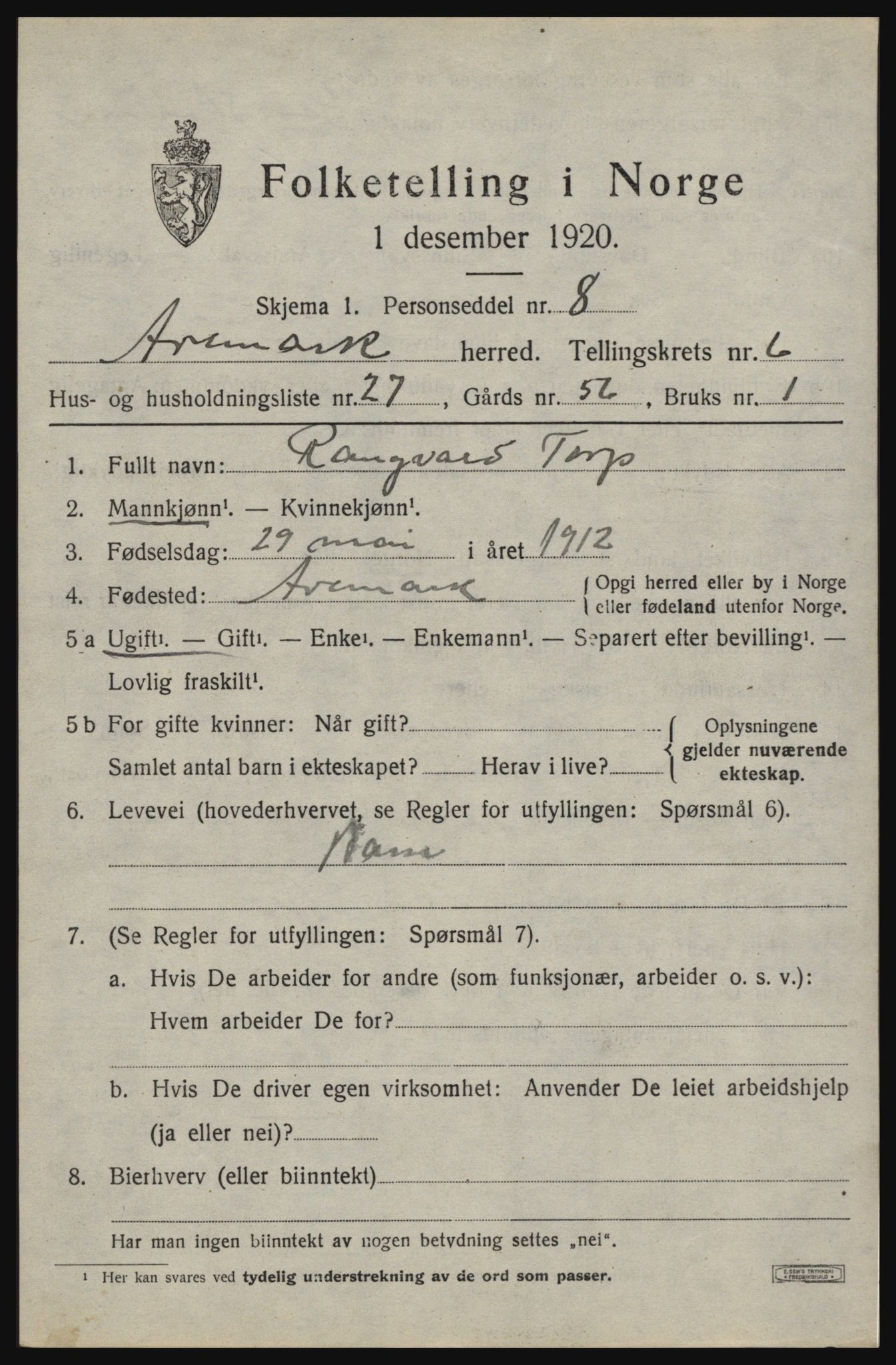 SAO, 1920 census for Aremark, 1920, p. 4059