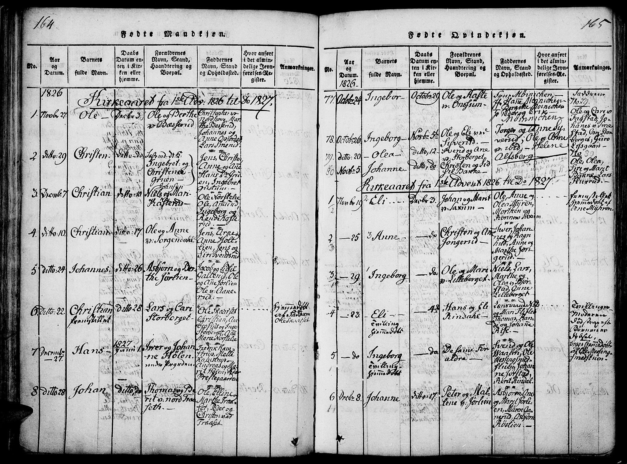 Fåberg prestekontor, SAH/PREST-086/H/Ha/Haa/L0003: Parish register (official) no. 3, 1818-1833, p. 164-165