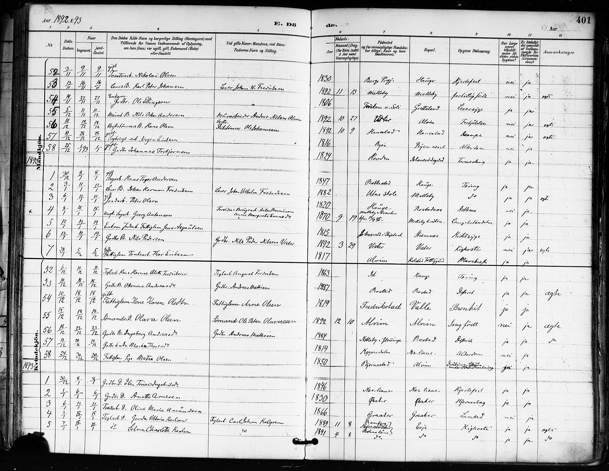 Tune prestekontor Kirkebøker, SAO/A-2007/F/Fa/L0018: Parish register (official) no. 18, 1887-1898, p. 401