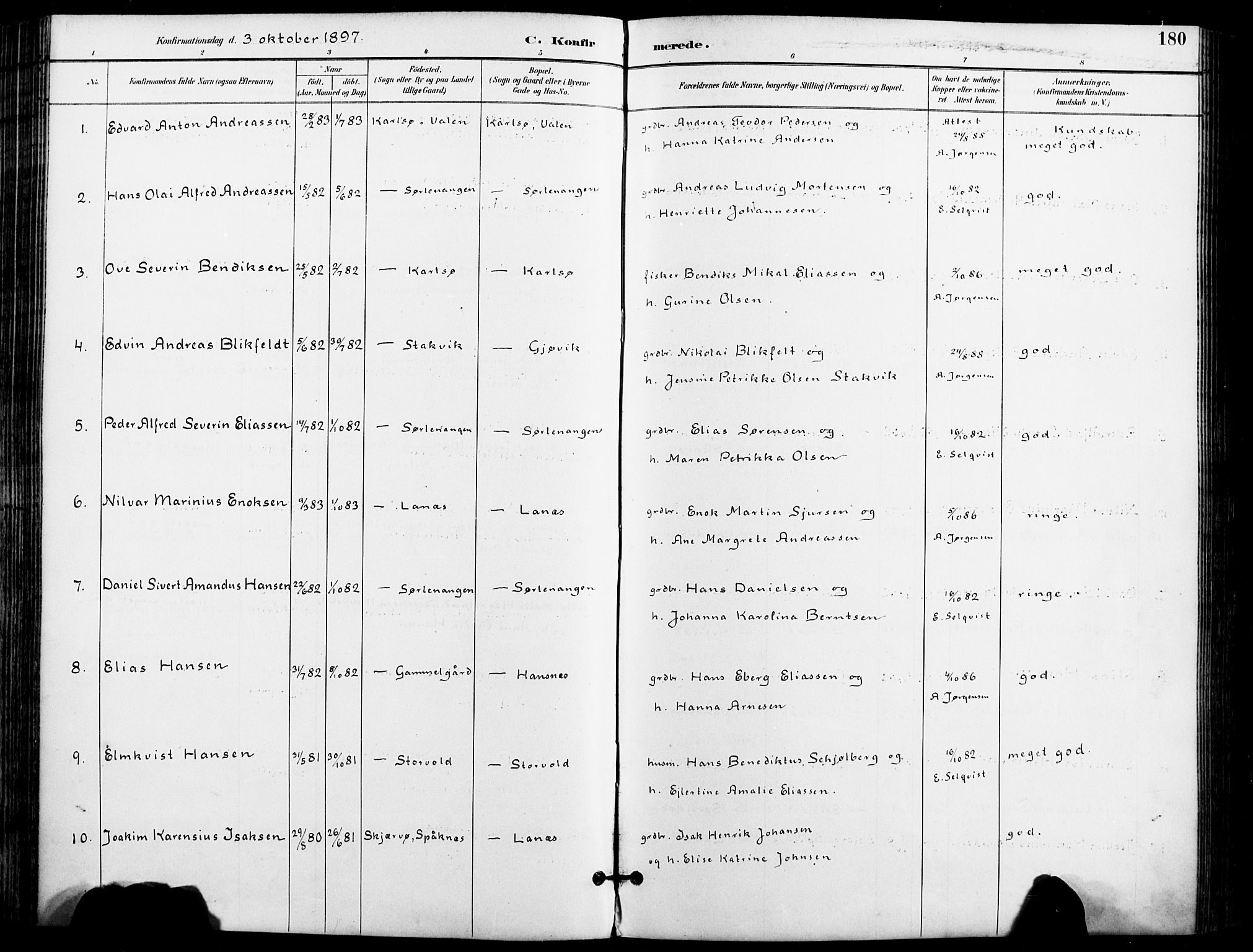 Karlsøy sokneprestembete, AV/SATØ-S-1299/H/Ha/Haa/L0007kirke: Parish register (official) no. 7, 1891-1902, p. 180