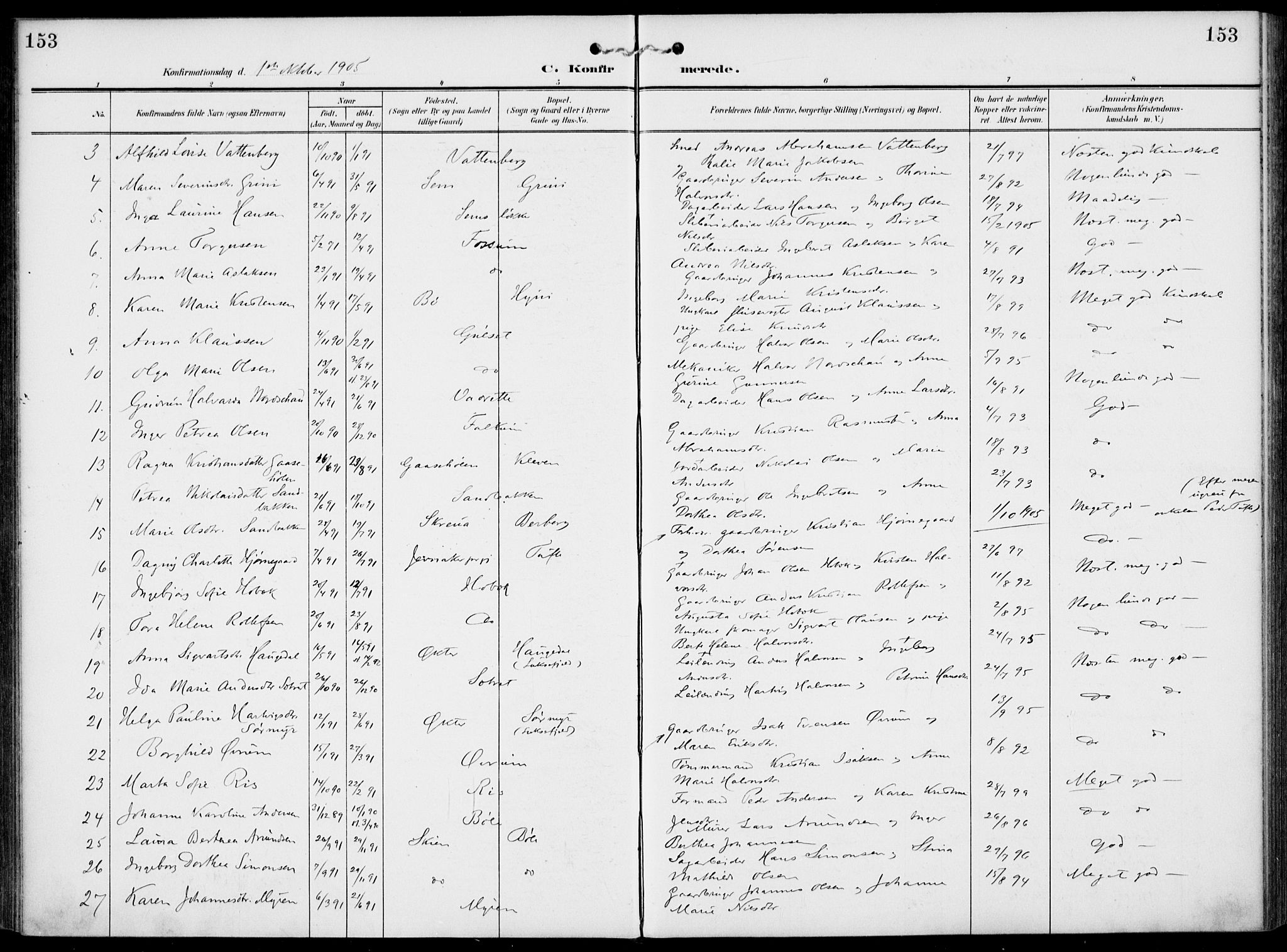 Gjerpen kirkebøker, SAKO/A-265/F/Fa/L0012: Parish register (official) no. I 12, 1905-1913, p. 153