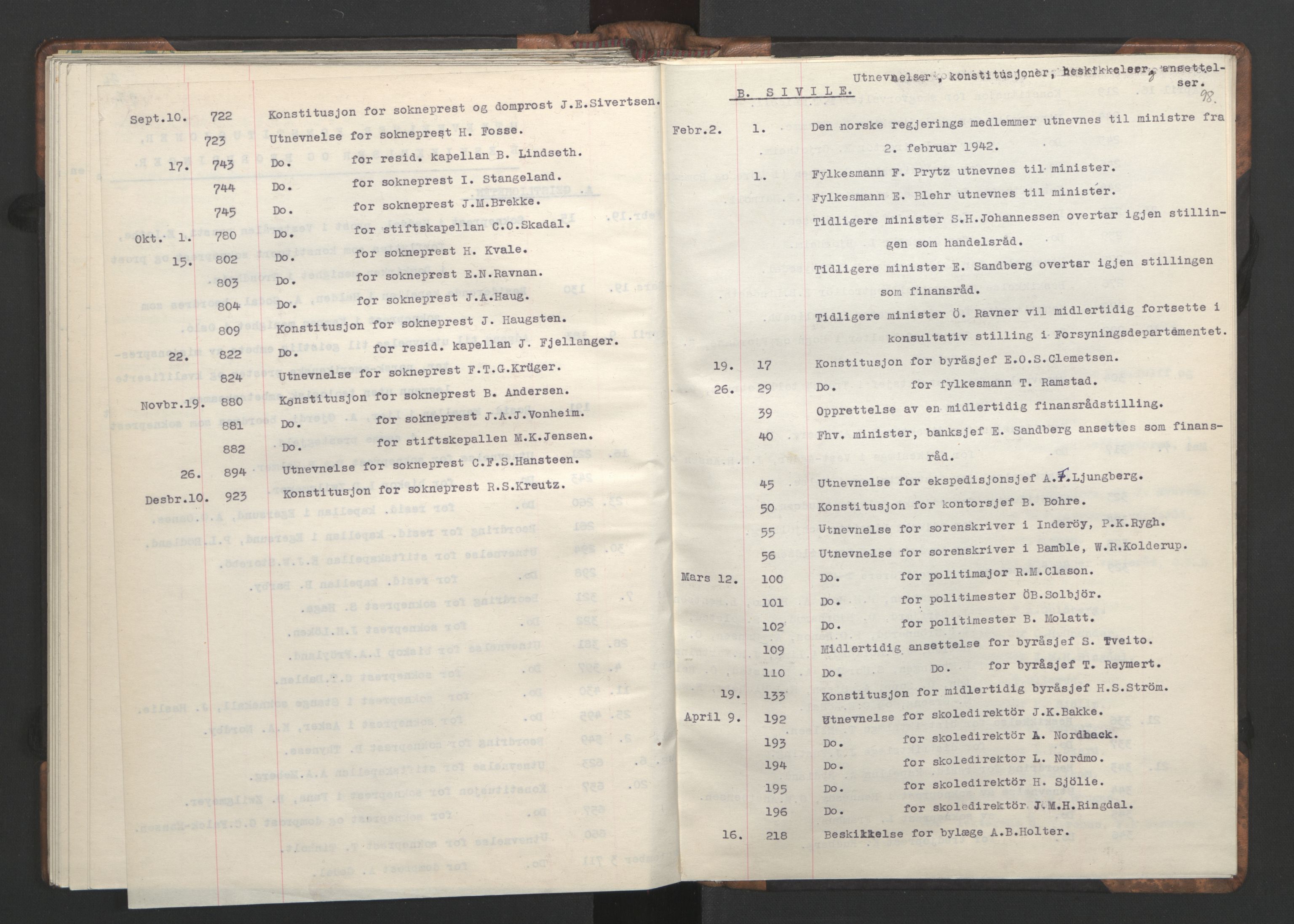 NS-administrasjonen 1940-1945 (Statsrådsekretariatet, de kommisariske statsråder mm), AV/RA-S-4279/D/Da/L0002: Register (RA j.nr. 985/1943, tilgangsnr. 17/1943), 1942, p. 101
