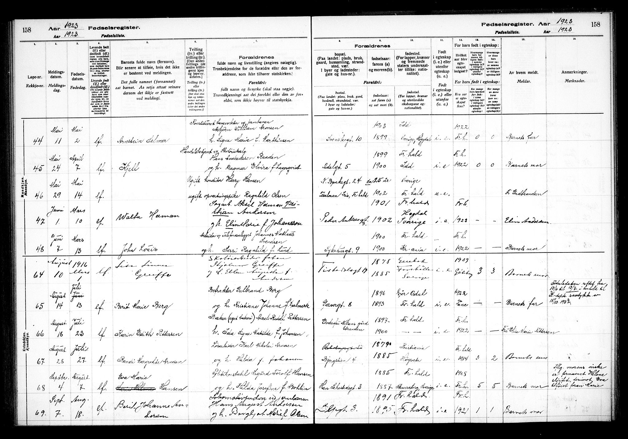Halden prestekontor Kirkebøker, SAO/A-10909/J/Ja/L0001: Birth register no. I 1, 1916-1925, p. 158