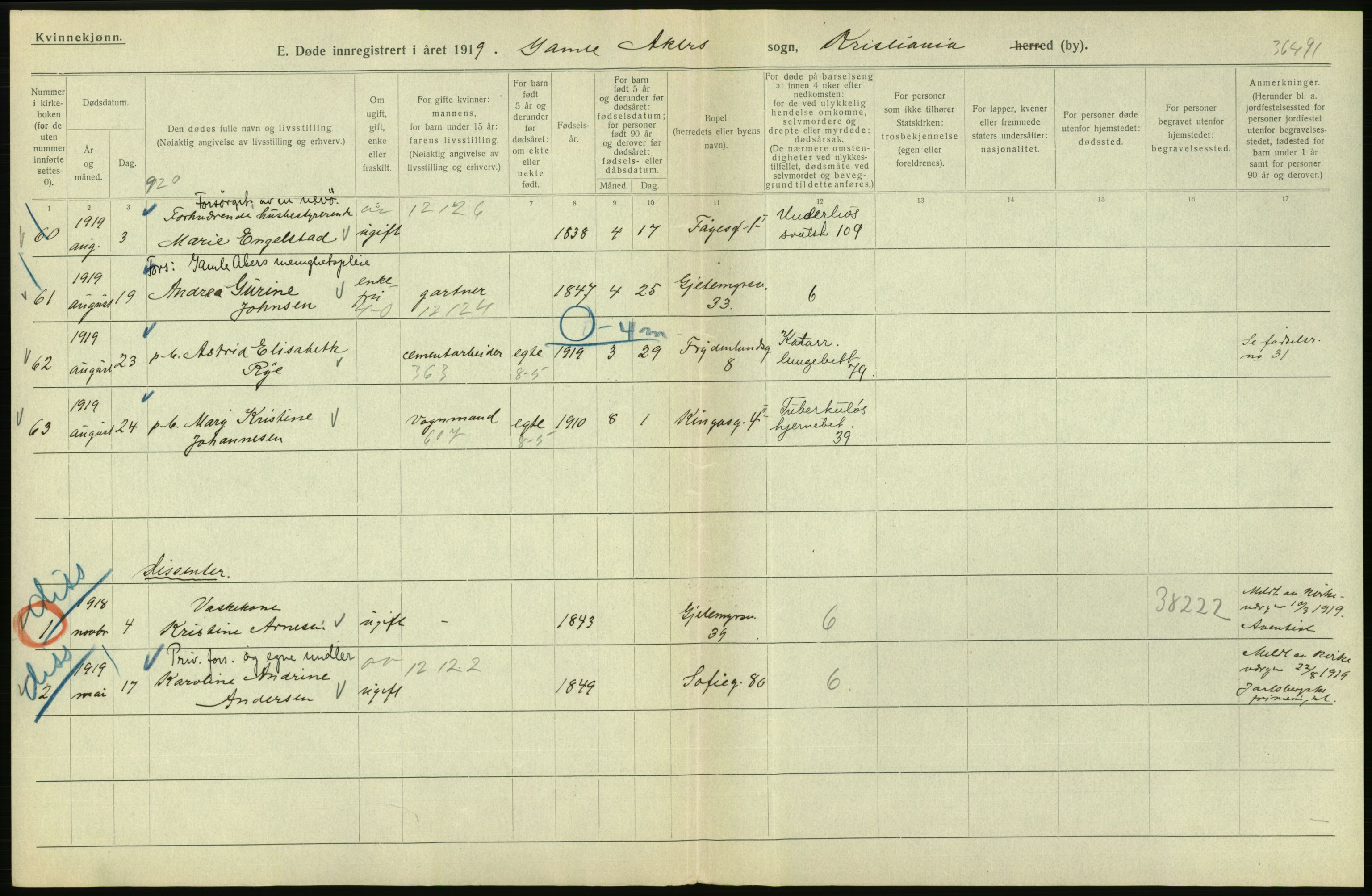 Statistisk sentralbyrå, Sosiodemografiske emner, Befolkning, AV/RA-S-2228/D/Df/Dfb/Dfbi/L0011: Kristiania: Døde, dødfødte, 1919