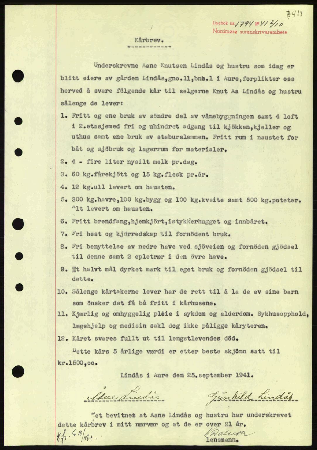 Nordmøre sorenskriveri, AV/SAT-A-4132/1/2/2Ca: Mortgage book no. B88, 1941-1942, Diary no: : 1794/1941