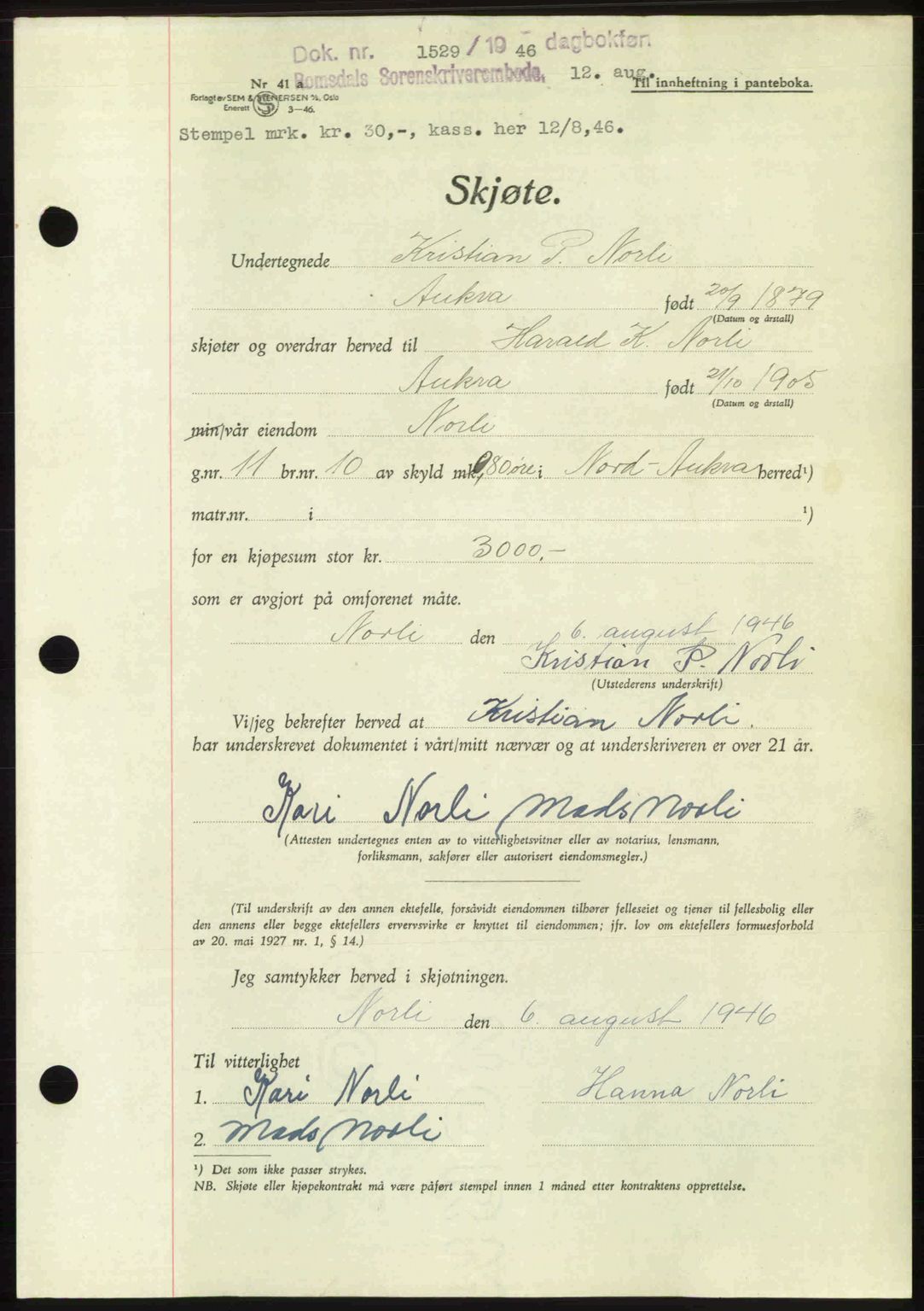 Romsdal sorenskriveri, AV/SAT-A-4149/1/2/2C: Mortgage book no. A20, 1946-1946, Diary no: : 1529/1946