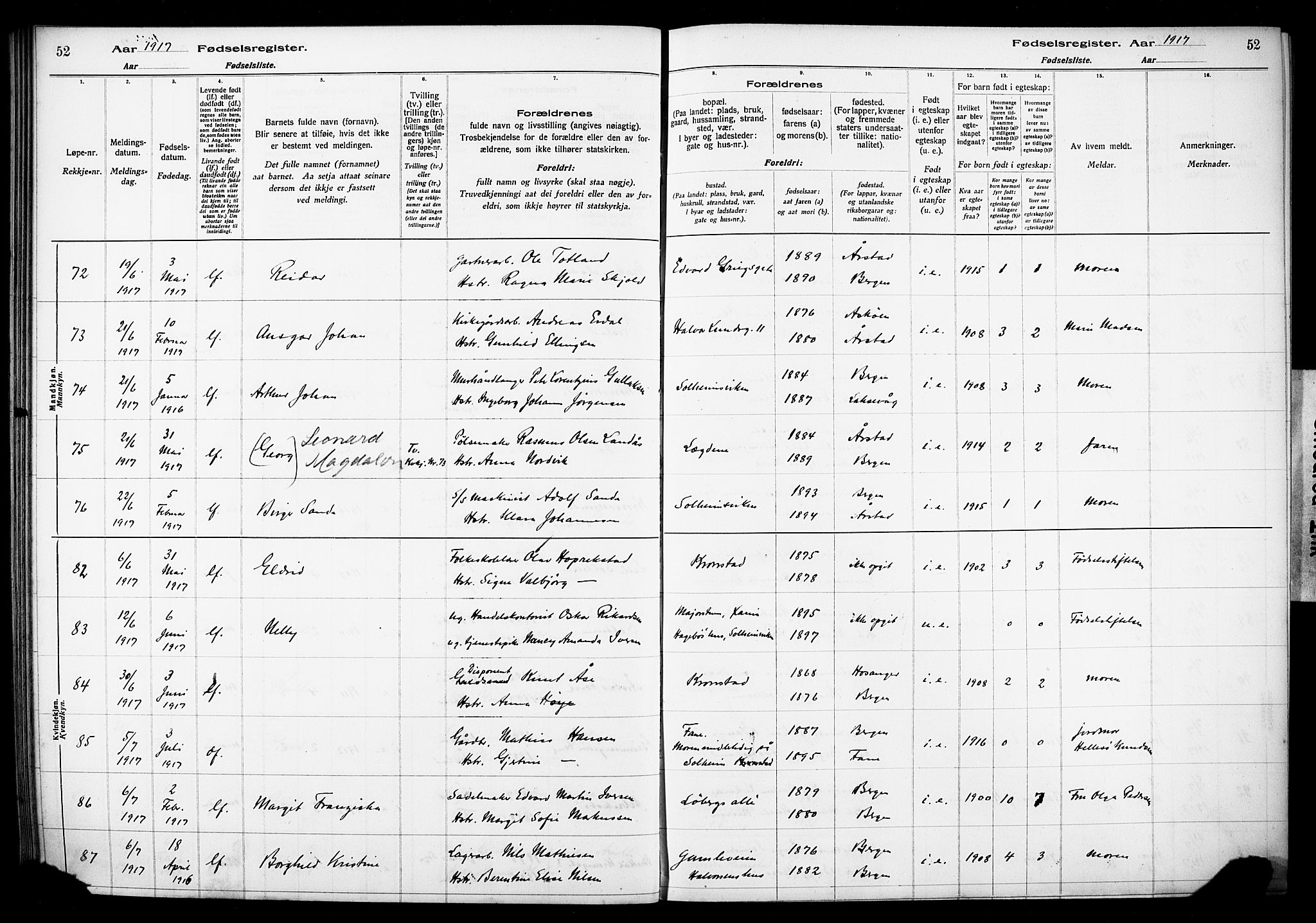 Årstad Sokneprestembete, AV/SAB-A-79301/I/Id/L0A01: Birth register no. A 1, 1916-1920, p. 52