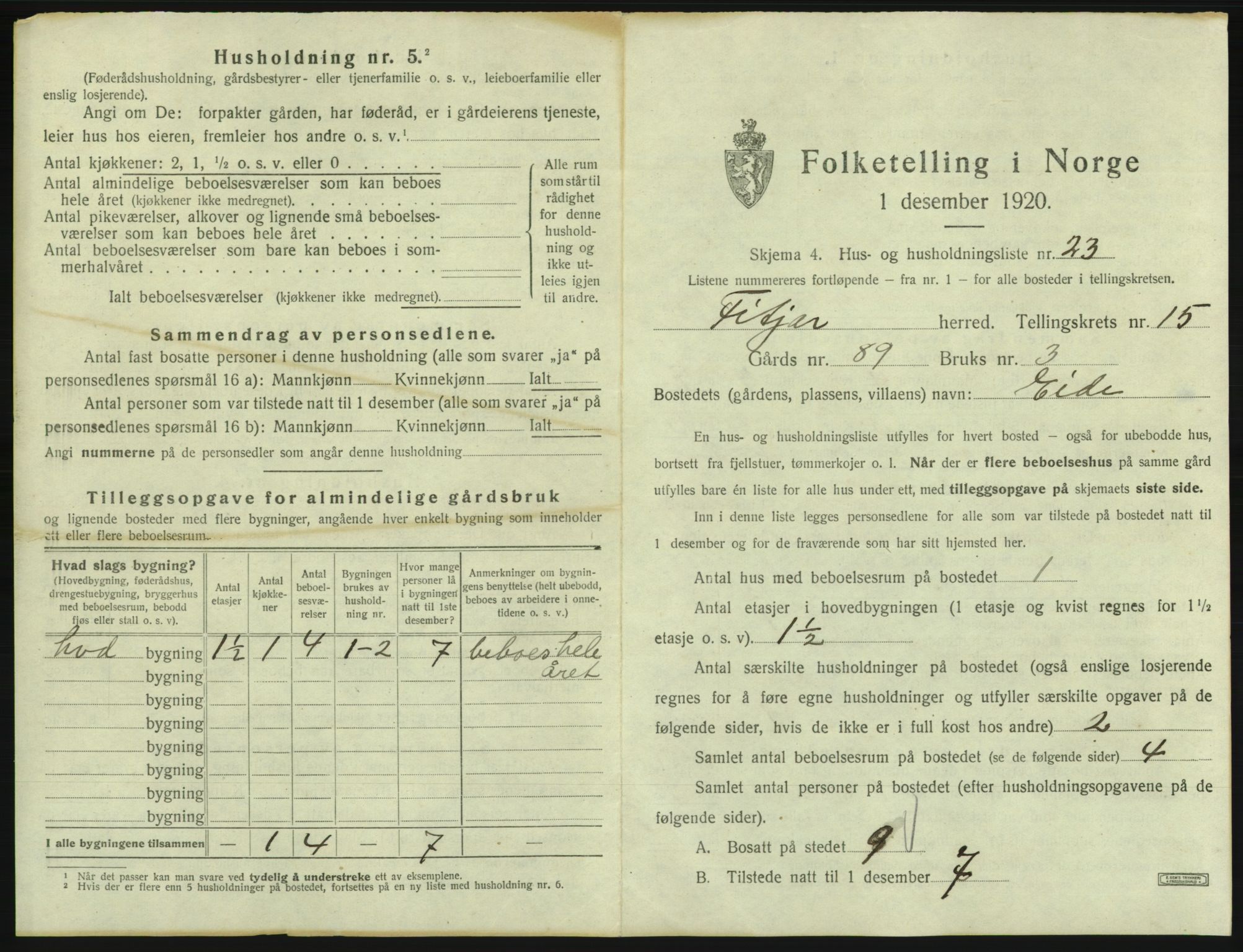 SAB, 1920 census for Fitjar, 1920, p. 940