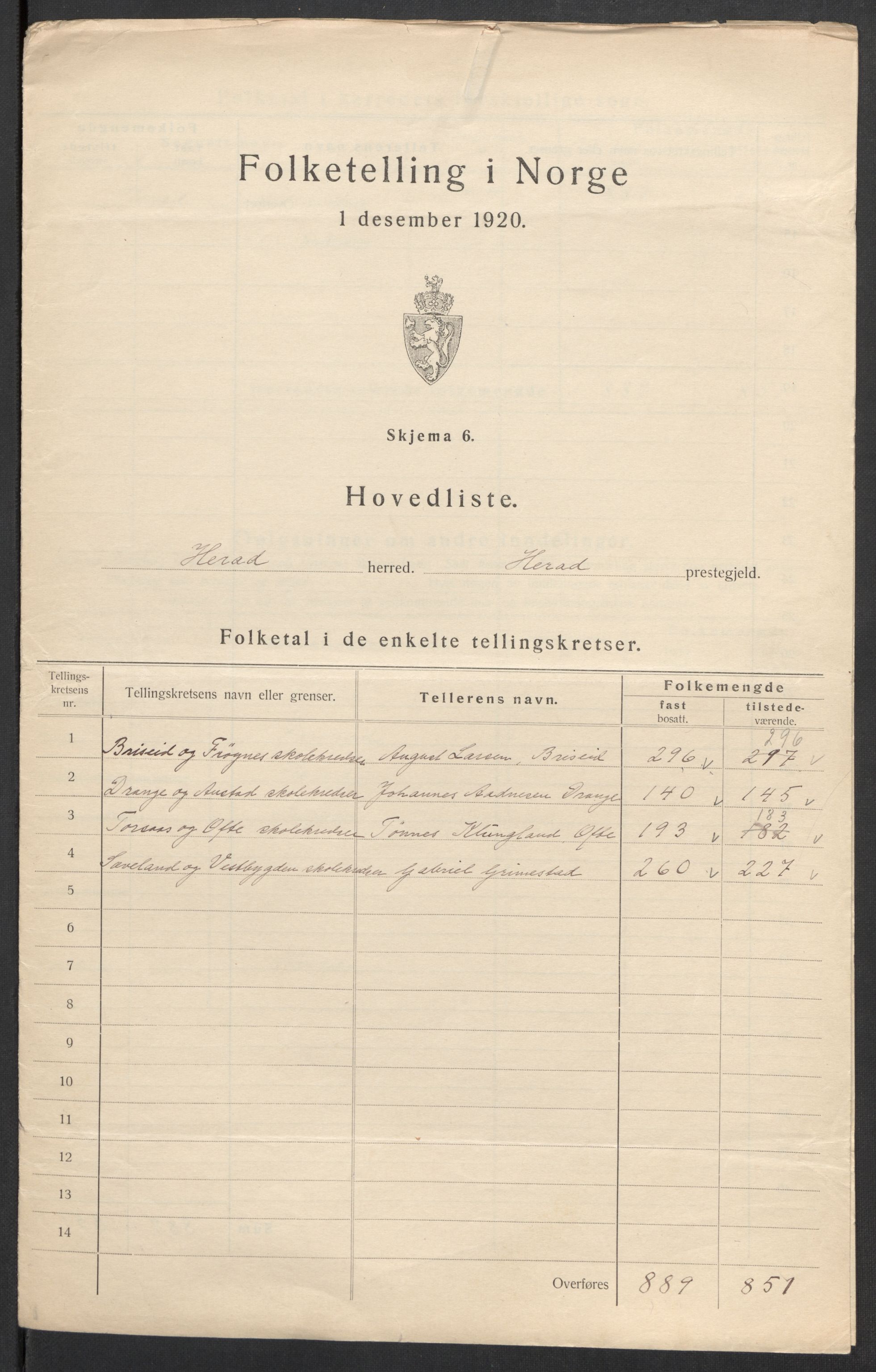 SAK, 1920 census for Herad, 1920, p. 3