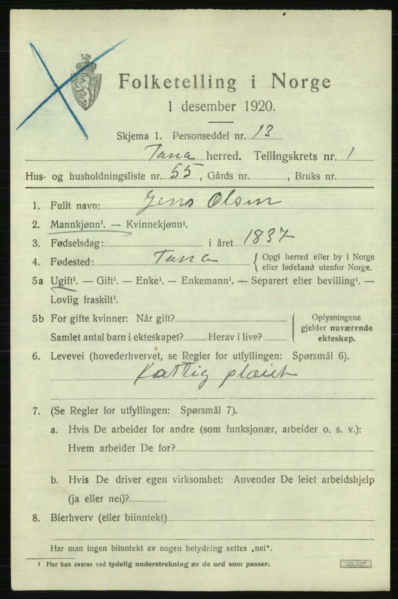 SATØ, 1920 census for Tana, 1920, p. 1166