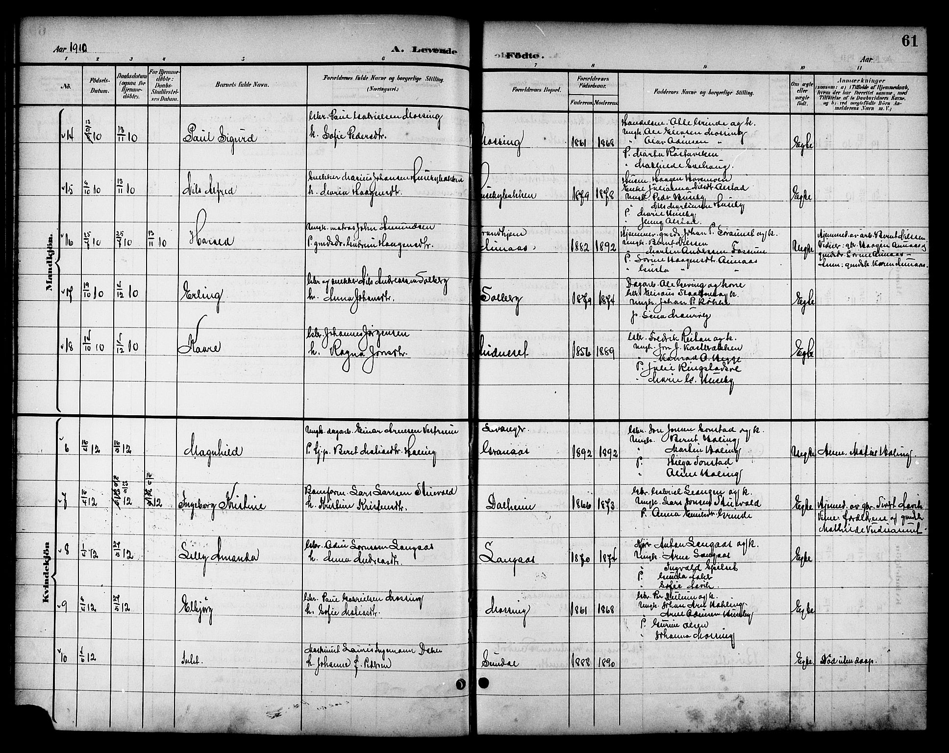 Ministerialprotokoller, klokkerbøker og fødselsregistre - Nord-Trøndelag, AV/SAT-A-1458/714/L0135: Parish register (copy) no. 714C04, 1899-1918, p. 61