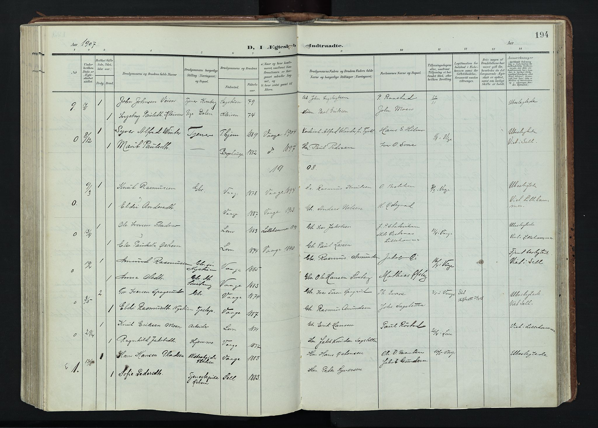 Vågå prestekontor, AV/SAH-PREST-076/H/Ha/Haa/L0011: Parish register (official) no. 11, 1905-1924, p. 194