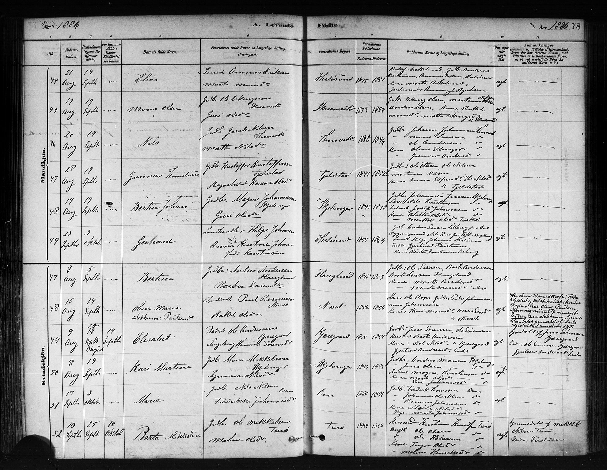 Herdla Sokneprestembete, AV/SAB-A-75701/H/Haa: Parish register (official) no. A 3, 1878-1890, p. 78