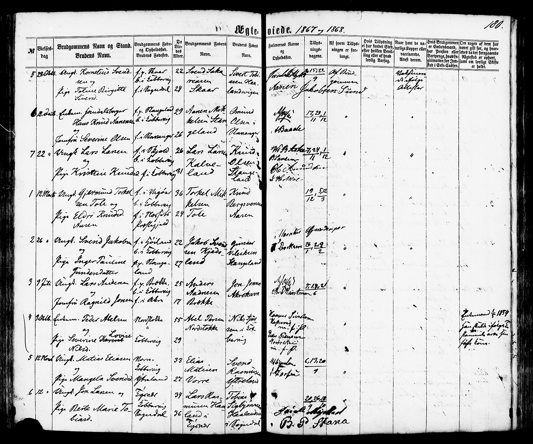Avaldsnes sokneprestkontor, SAST/A -101851/H/Ha/Haa/L0011: Parish register (official) no. A 11, 1861-1880, p. 180