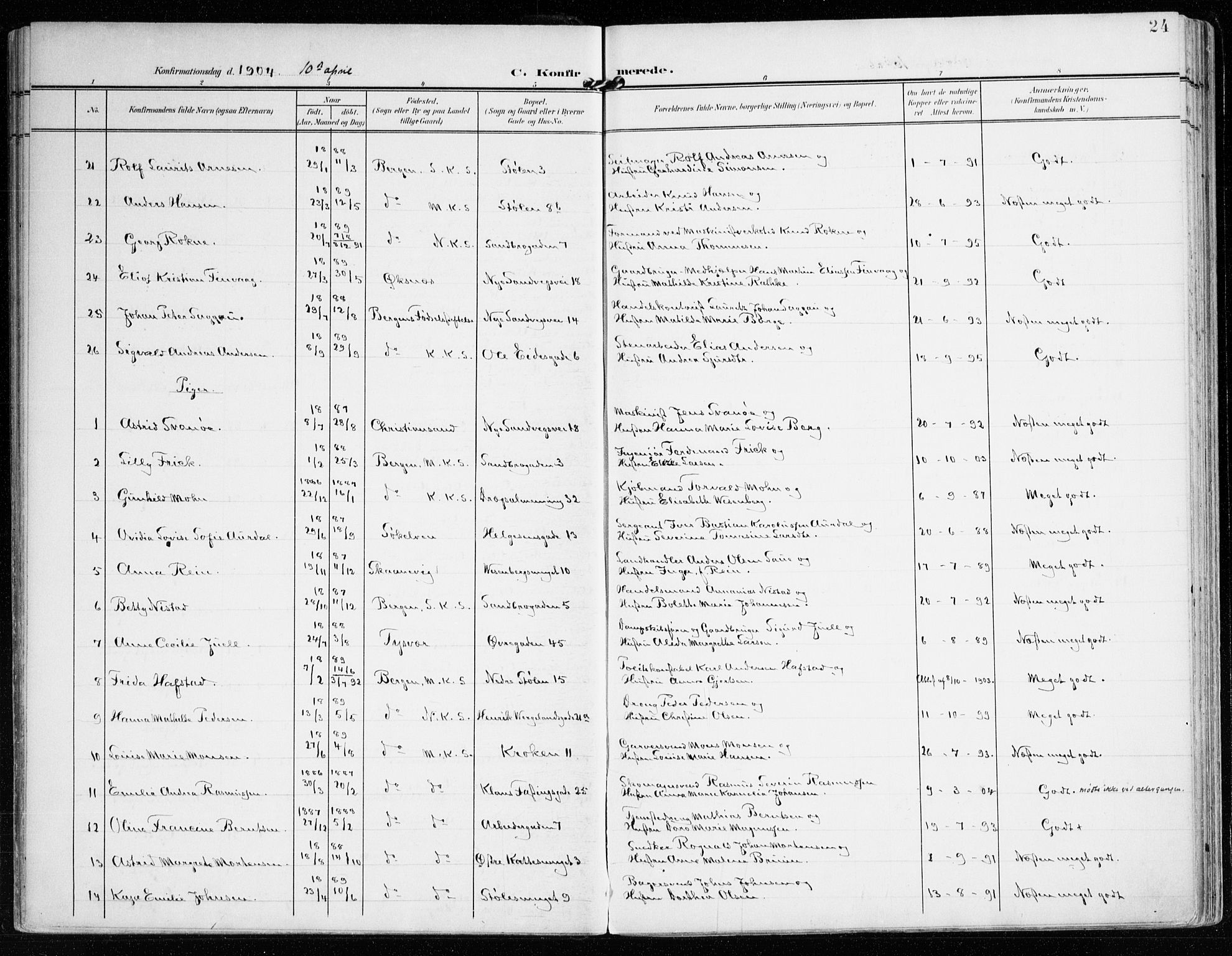 Mariakirken Sokneprestembete, AV/SAB-A-76901/H/Haa/L0014: Parish register (official) no. C 2, 1900-1916, p. 24