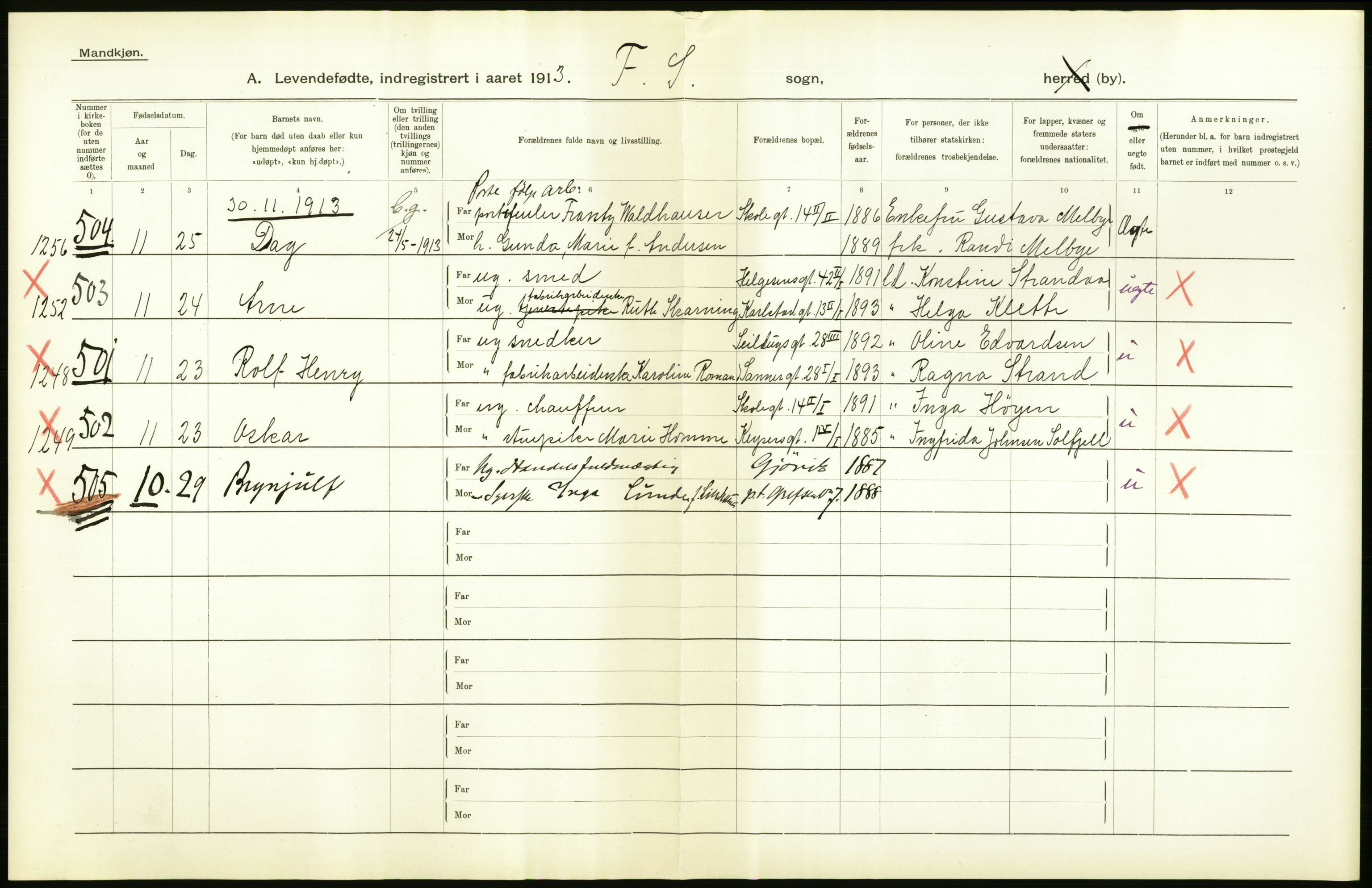 Statistisk sentralbyrå, Sosiodemografiske emner, Befolkning, AV/RA-S-2228/D/Df/Dfb/Dfbc/L0007: Kristiania: Levendefødte menn og kvinner., 1913, p. 16