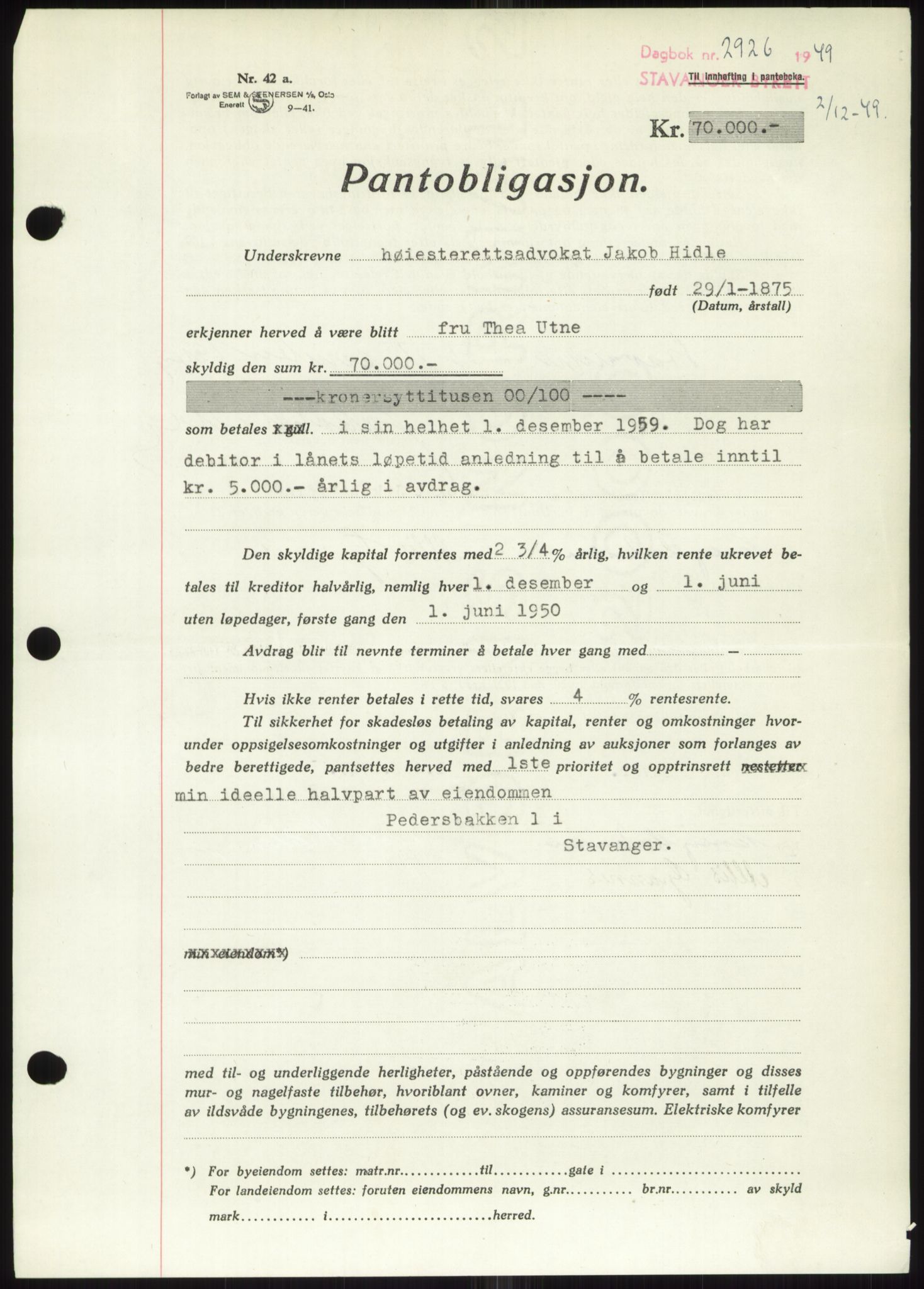 Stavanger byrett, SAST/A-100455/002/G/Gb/L0032: Mortgage book, 1947-1950, Diary no: : 2926/1949