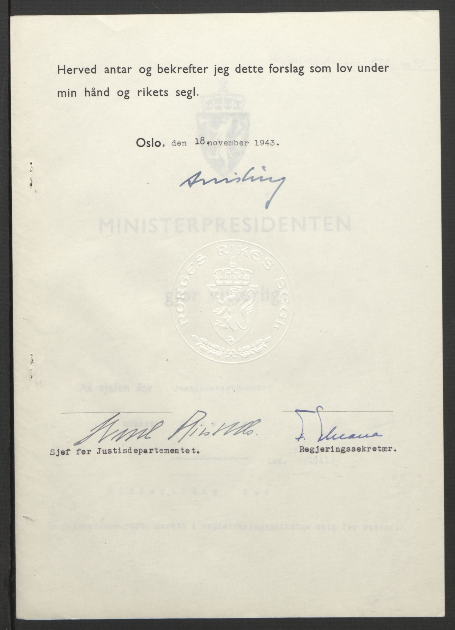 NS-administrasjonen 1940-1945 (Statsrådsekretariatet, de kommisariske statsråder mm), RA/S-4279/D/Db/L0099: Lover, 1943, p. 734