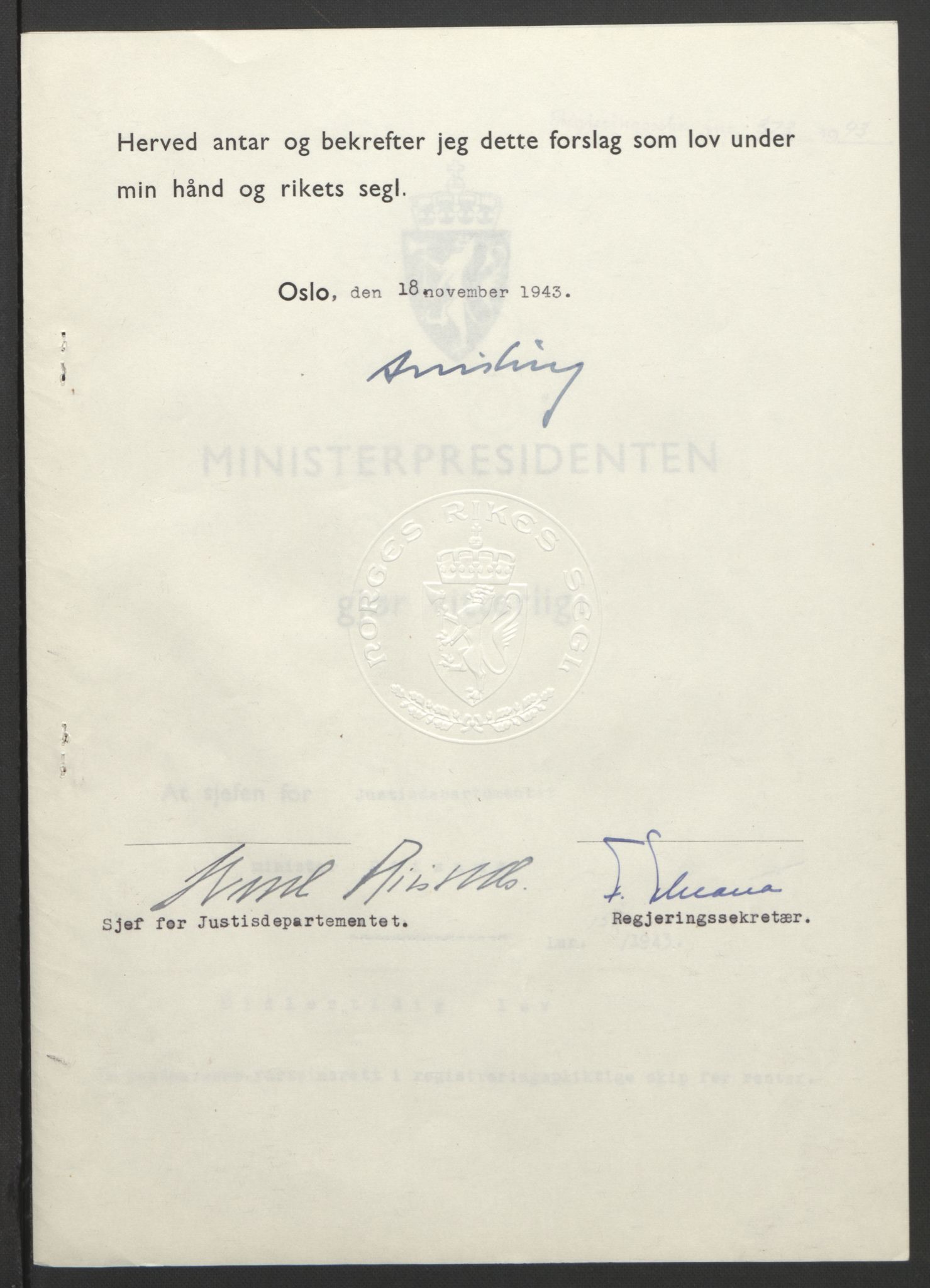 NS-administrasjonen 1940-1945 (Statsrådsekretariatet, de kommisariske statsråder mm), AV/RA-S-4279/D/Db/L0099: Lover, 1943, p. 734