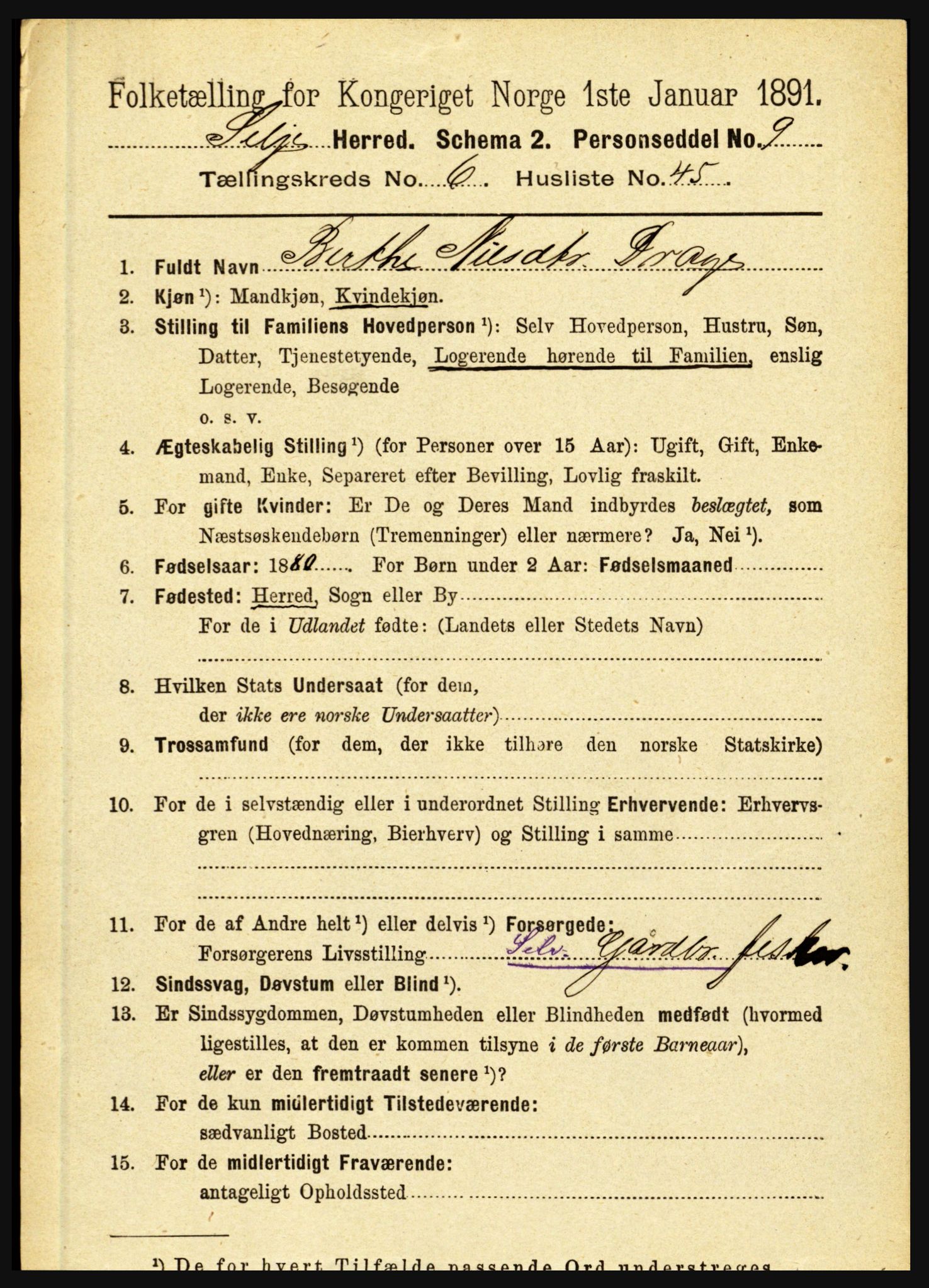 RA, 1891 census for 1441 Selje, 1891, p. 1942