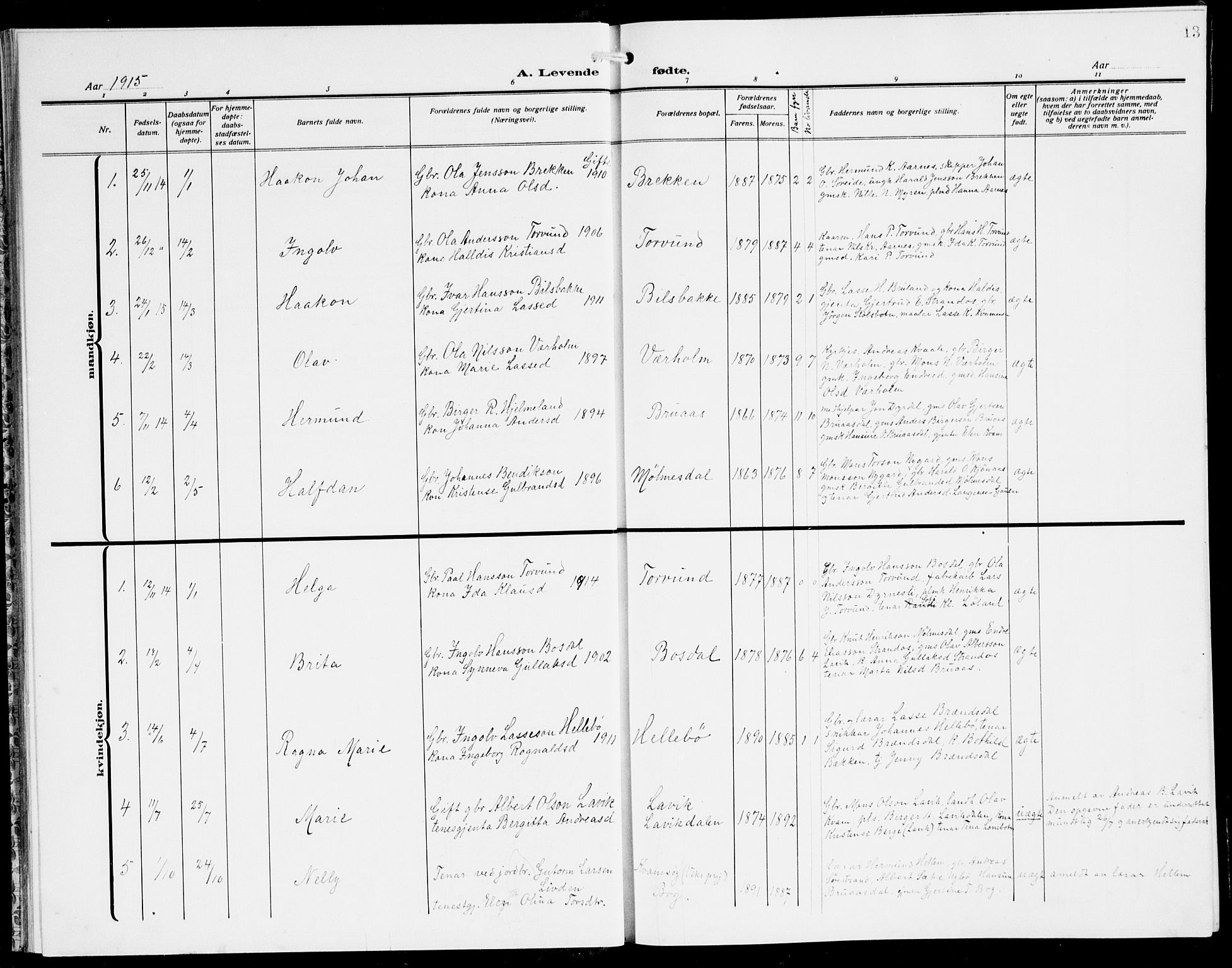 Lavik sokneprestembete, SAB/A-80901: Parish register (copy) no. A 3, 1911-1942, p. 13