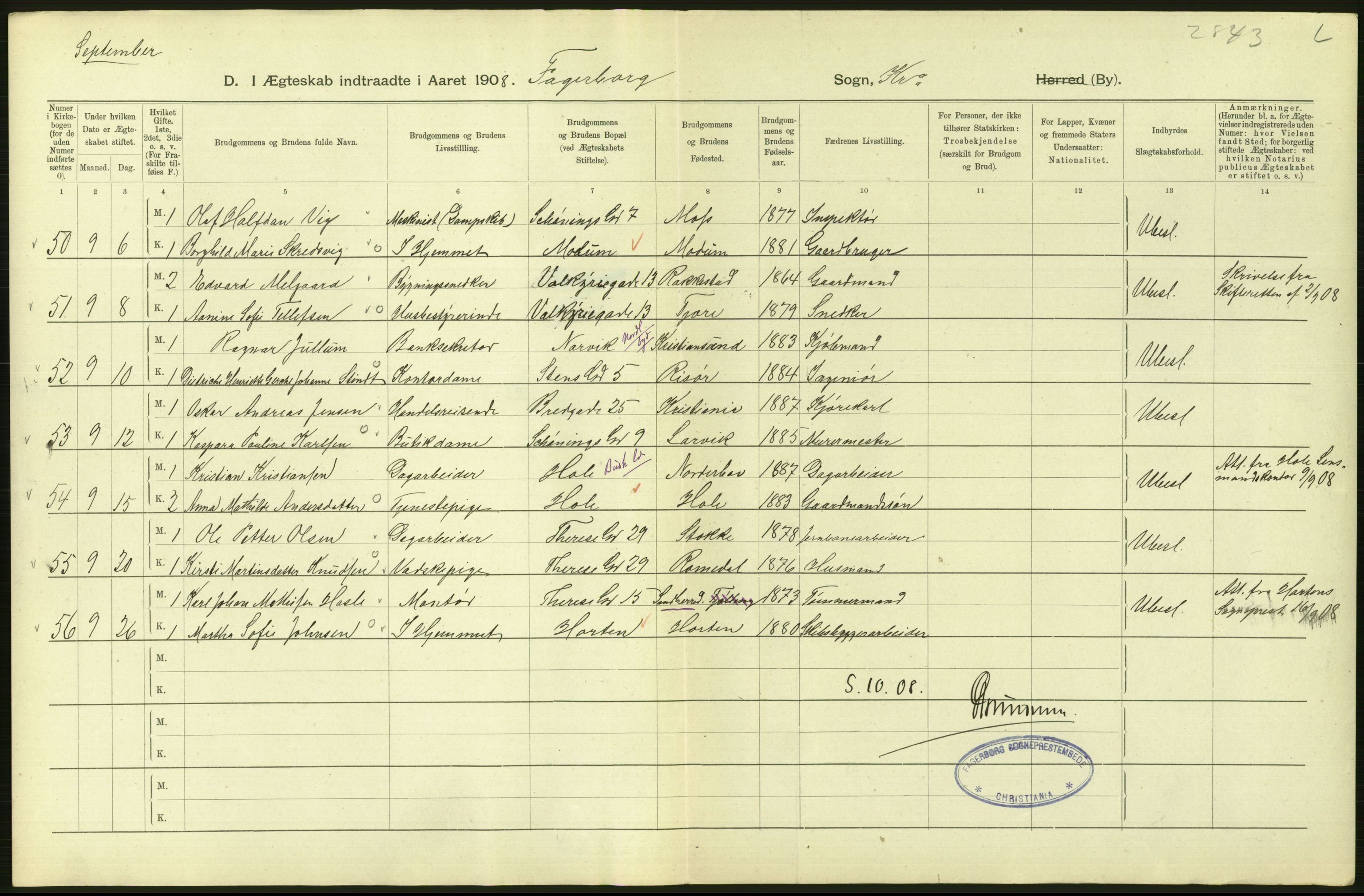 Statistisk sentralbyrå, Sosiodemografiske emner, Befolkning, AV/RA-S-2228/D/Df/Dfa/Dfaf/L0007: Kristiania: Gifte, 1908, p. 390