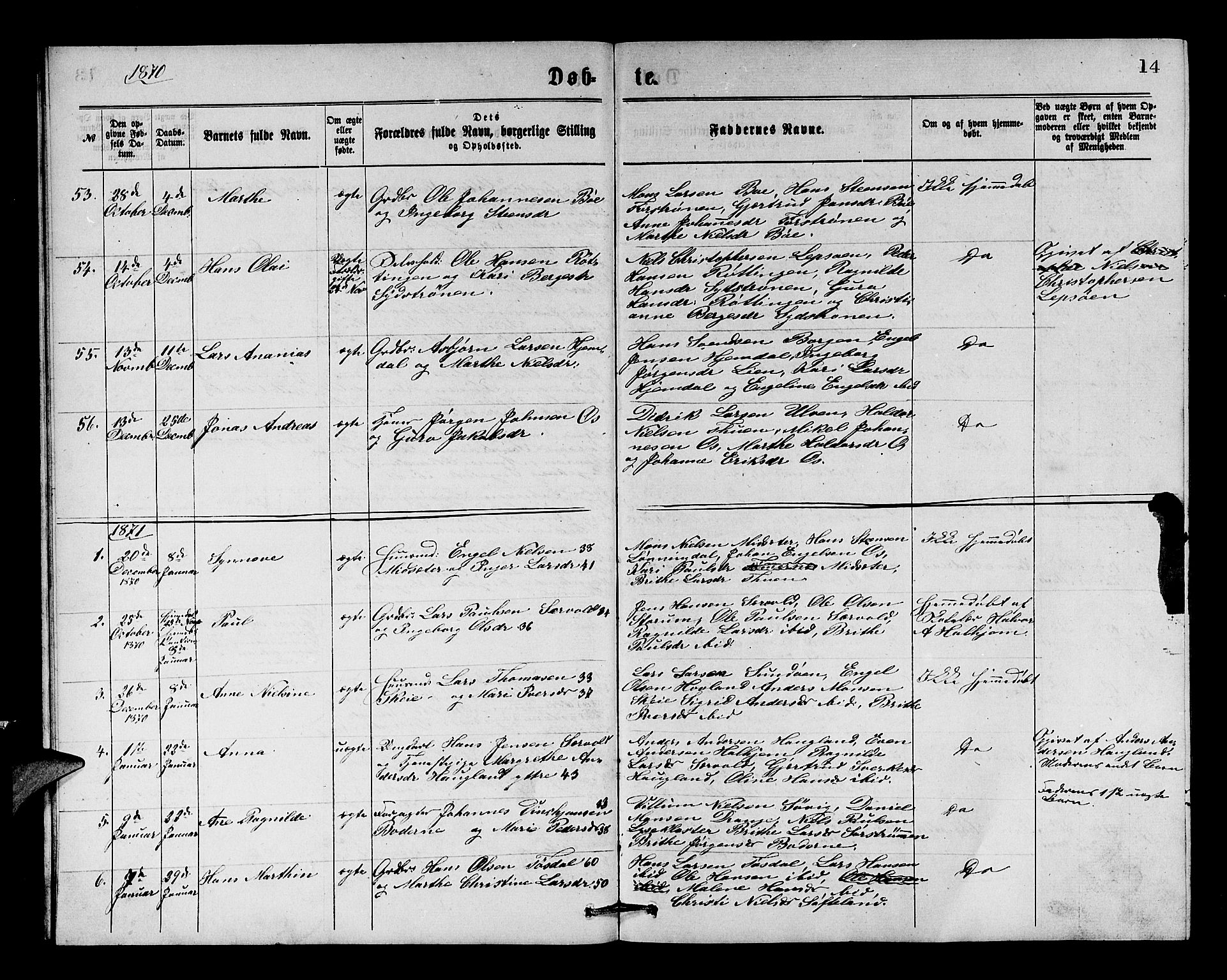 Os sokneprestembete, SAB/A-99929: Parish register (copy) no. A 1, 1869-1879, p. 14