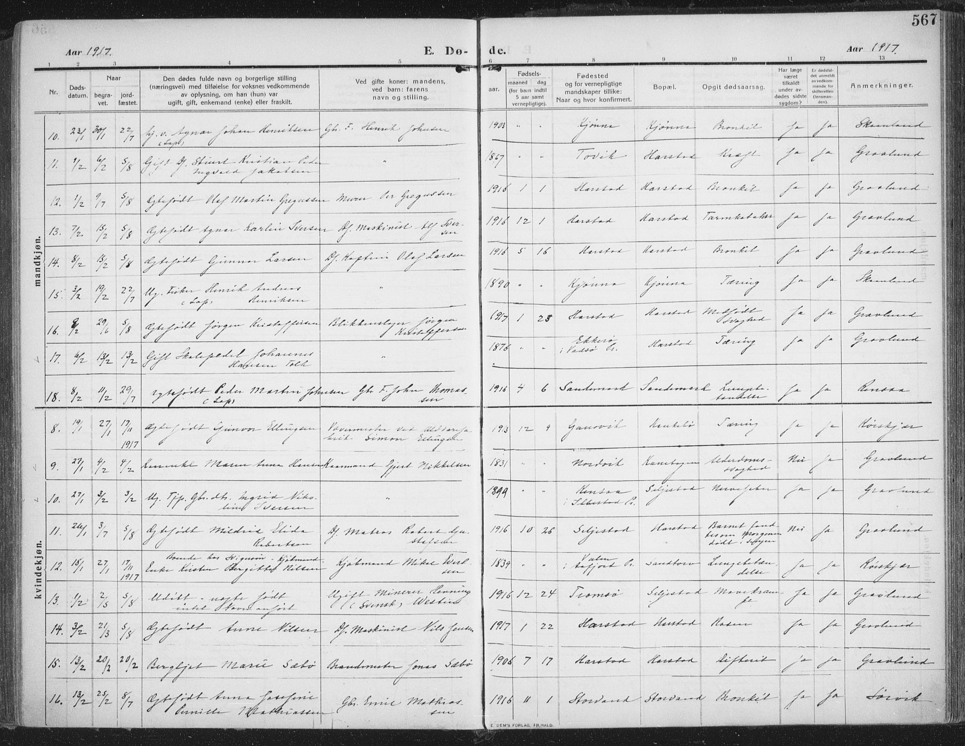 Trondenes sokneprestkontor, AV/SATØ-S-1319/H/Ha/L0018kirke: Parish register (official) no. 18, 1909-1918, p. 567