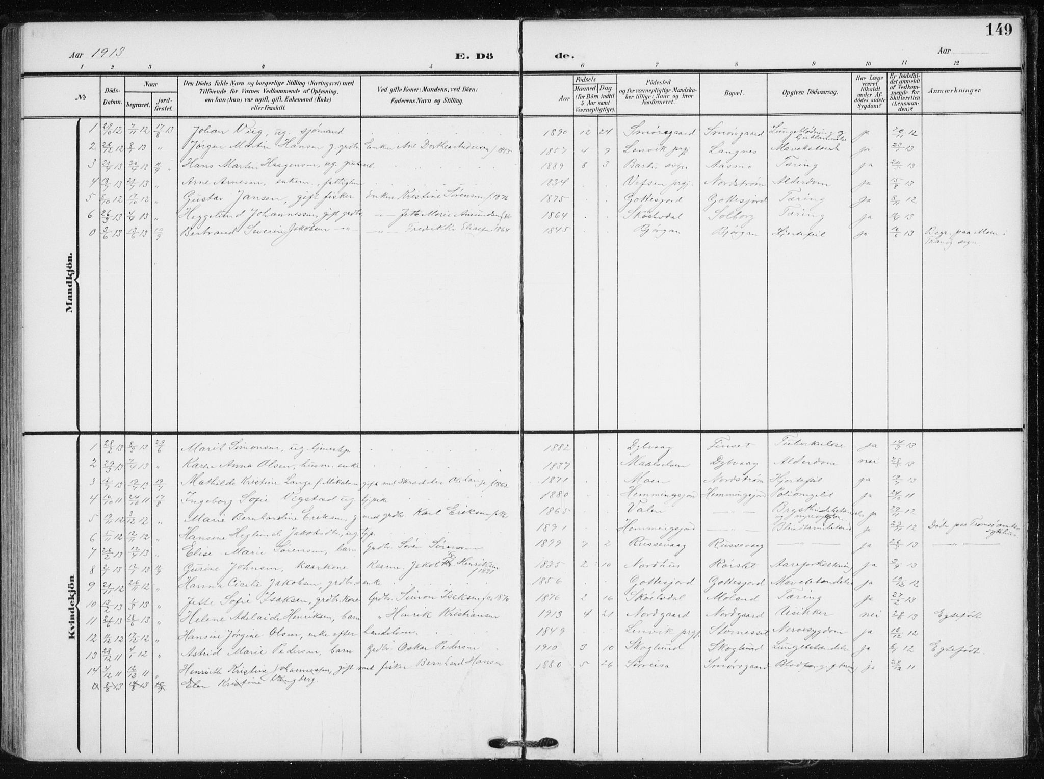 Tranøy sokneprestkontor, SATØ/S-1313/I/Ia/Iaa/L0012kirke: Parish register (official) no. 12, 1905-1918, p. 149