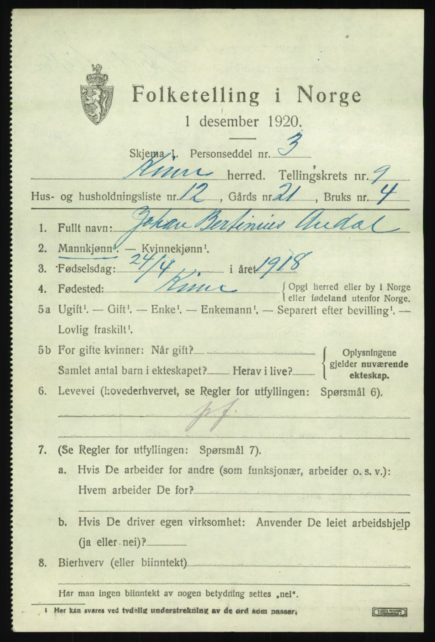 SAB, 1920 census for Kinn, 1920, p. 3431