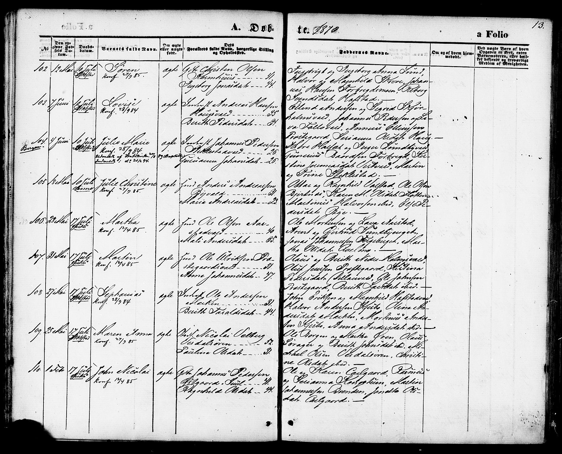 Ministerialprotokoller, klokkerbøker og fødselsregistre - Nord-Trøndelag, AV/SAT-A-1458/723/L0242: Parish register (official) no. 723A11, 1870-1880, p. 13