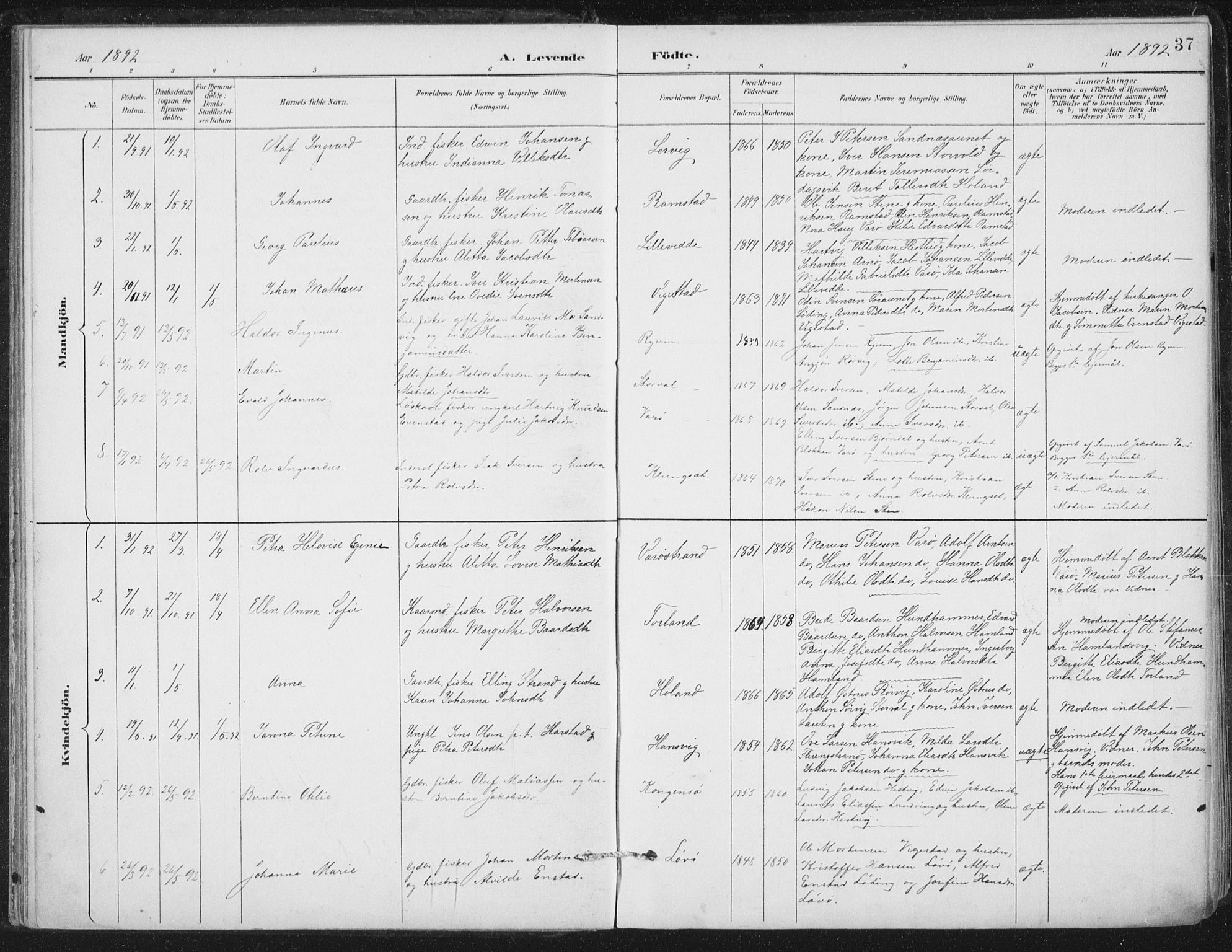 Ministerialprotokoller, klokkerbøker og fødselsregistre - Nord-Trøndelag, AV/SAT-A-1458/784/L0673: Parish register (official) no. 784A08, 1888-1899, p. 37