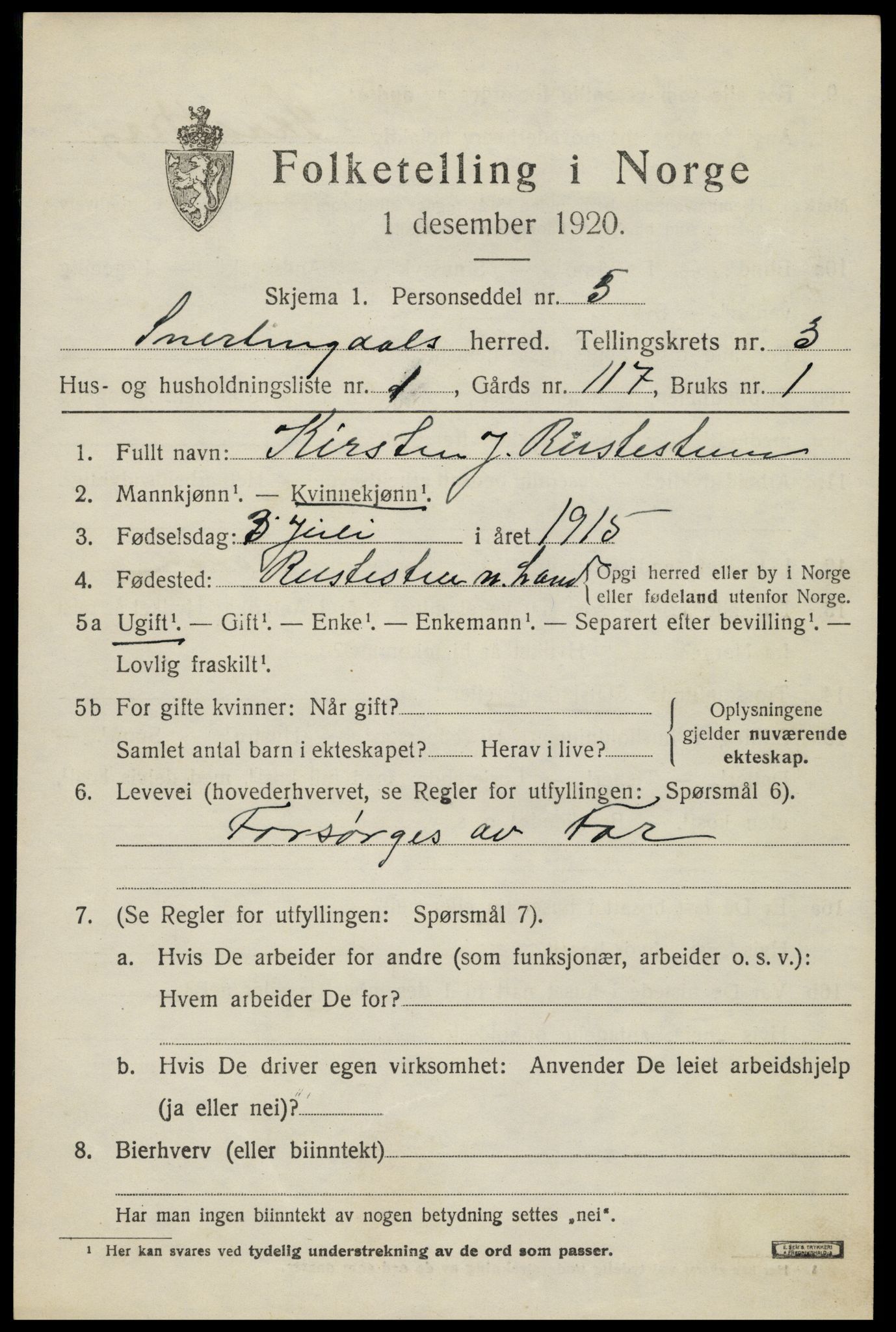 SAH, 1920 census for Snertingdal, 1920, p. 2605