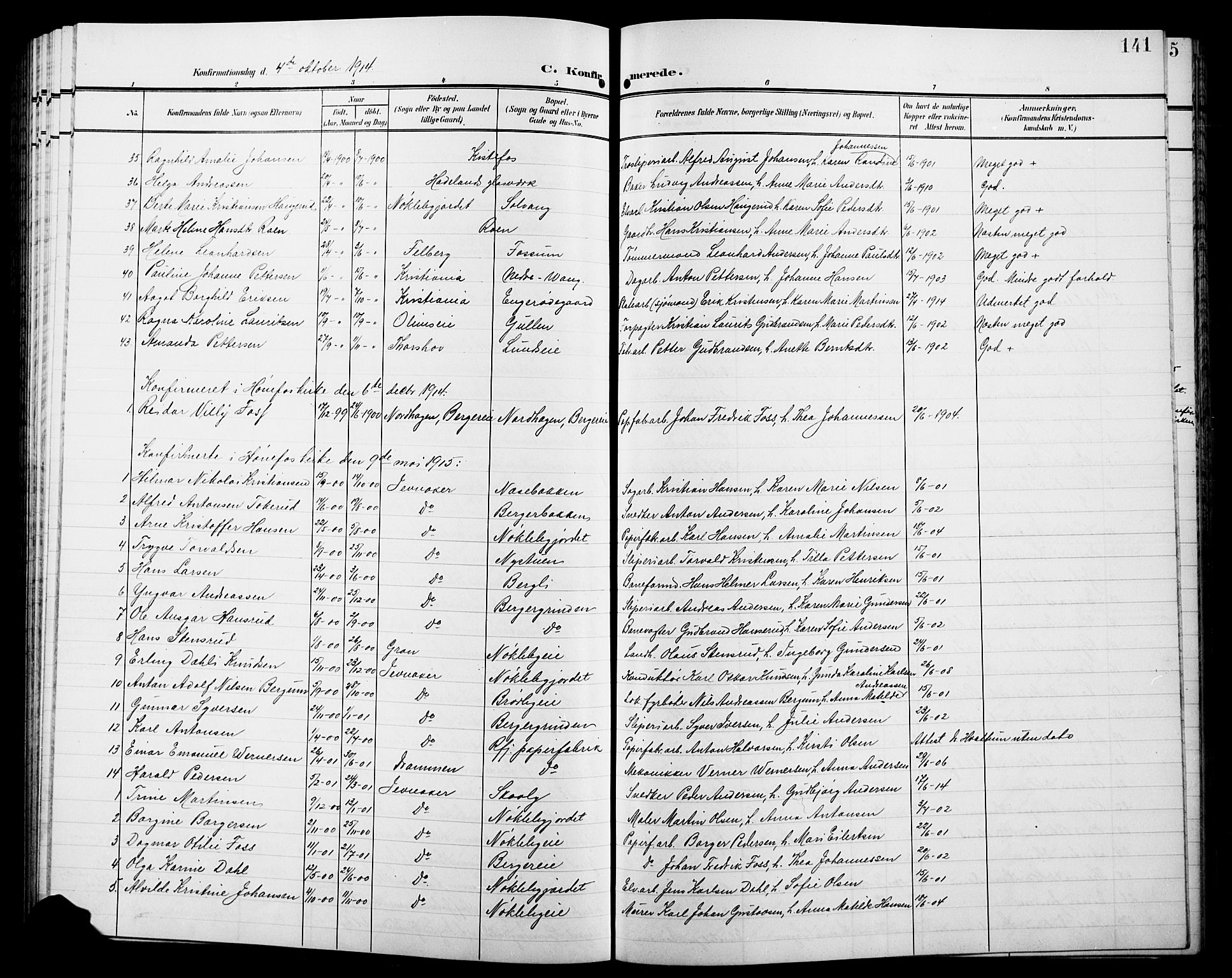Jevnaker prestekontor, SAH/PREST-116/H/Ha/Hab/L0004: Parish register (copy) no. 4, 1907-1918, p. 141