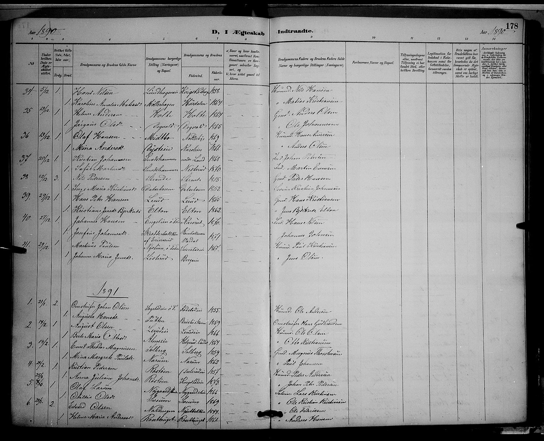 Vestre Toten prestekontor, SAH/PREST-108/H/Ha/Hab/L0009: Parish register (copy) no. 9, 1888-1900, p. 178